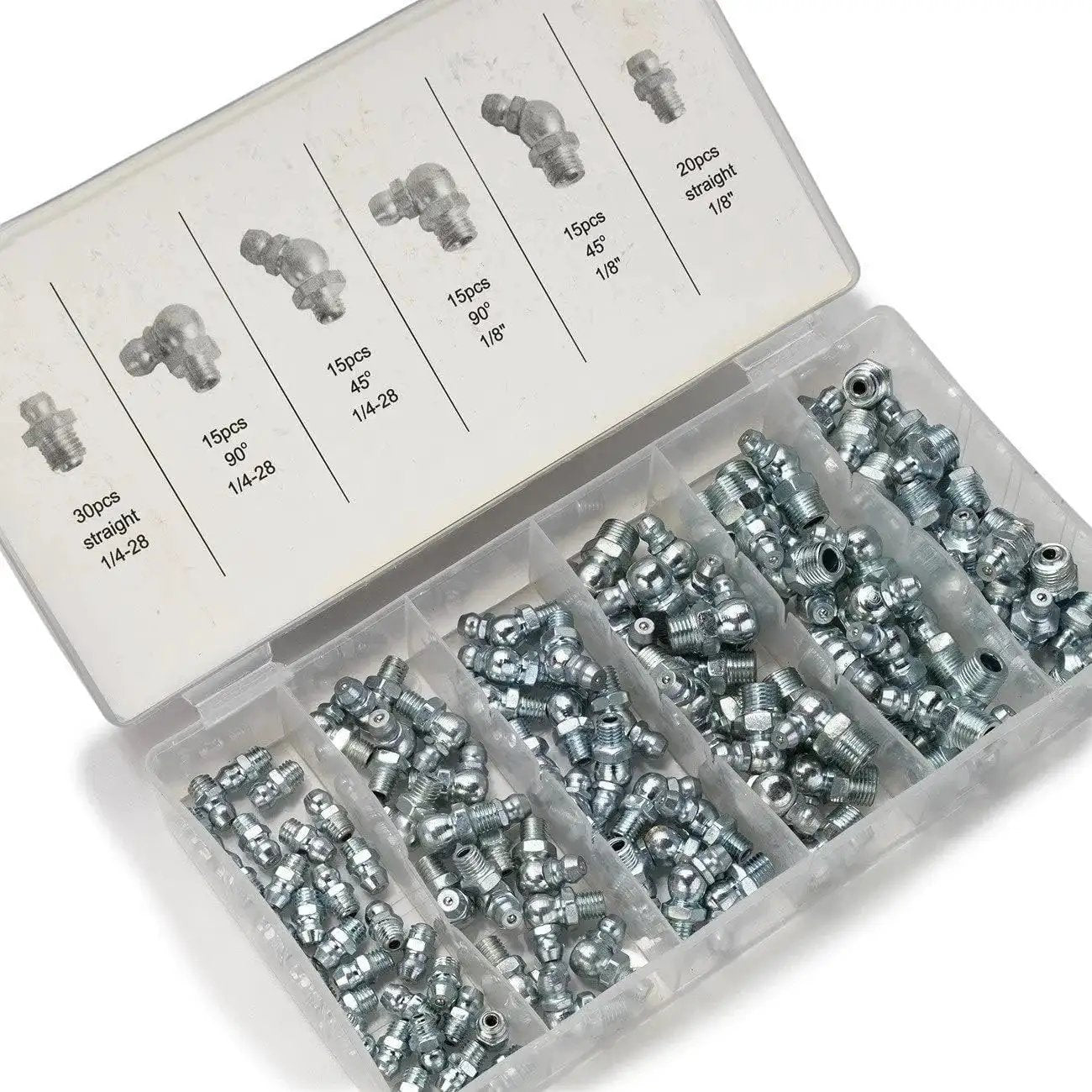 Grease Fitting Assortment Kit For Angled And Straight Zerks, 110 Pieces SAE A3 Steel Fittings For Angled Grease Guns Bearing Housings