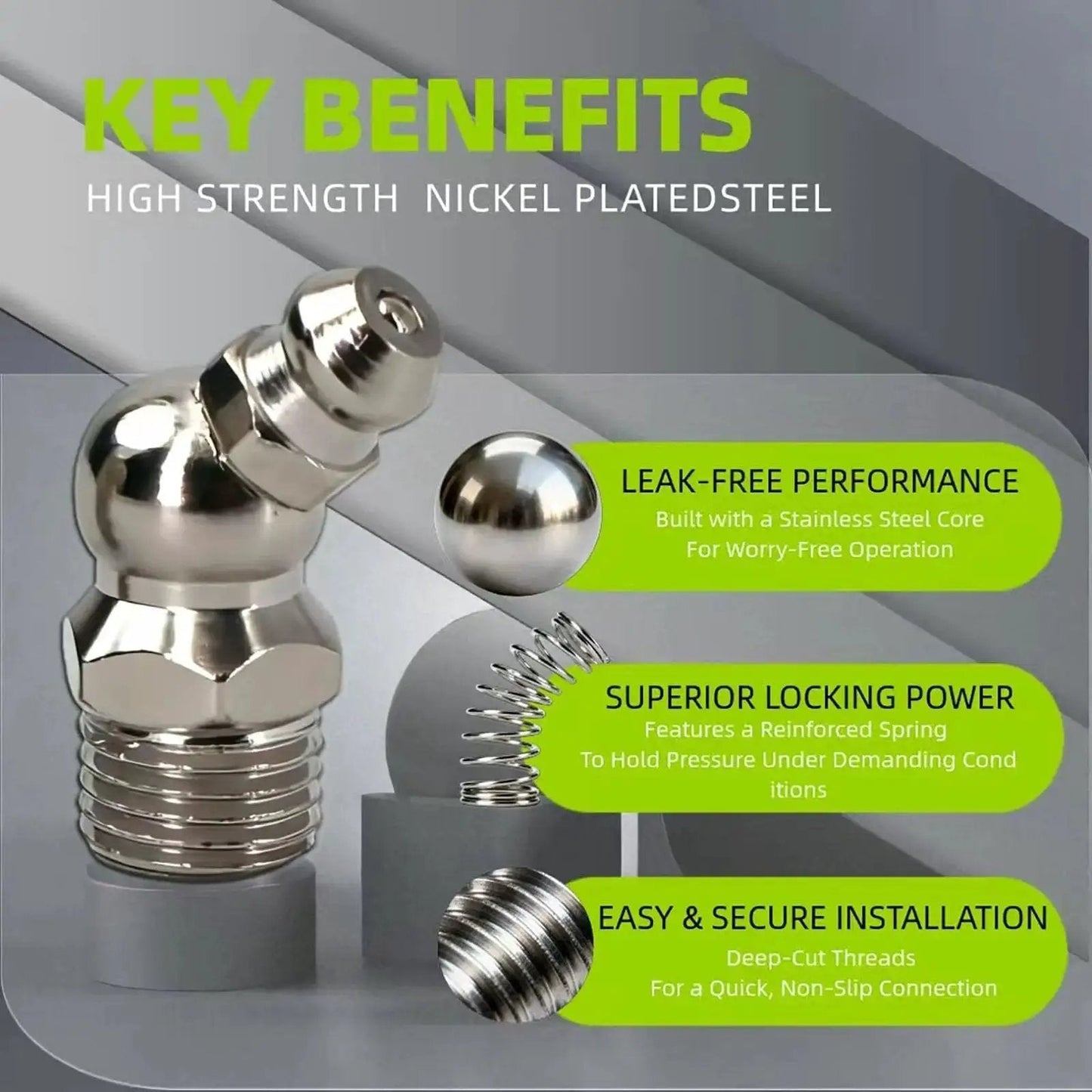 Pro Grade 27 Pcs SAE And Metric Grease Fittings Assortment Kit with nickel-plated iron showing key benefits and features.