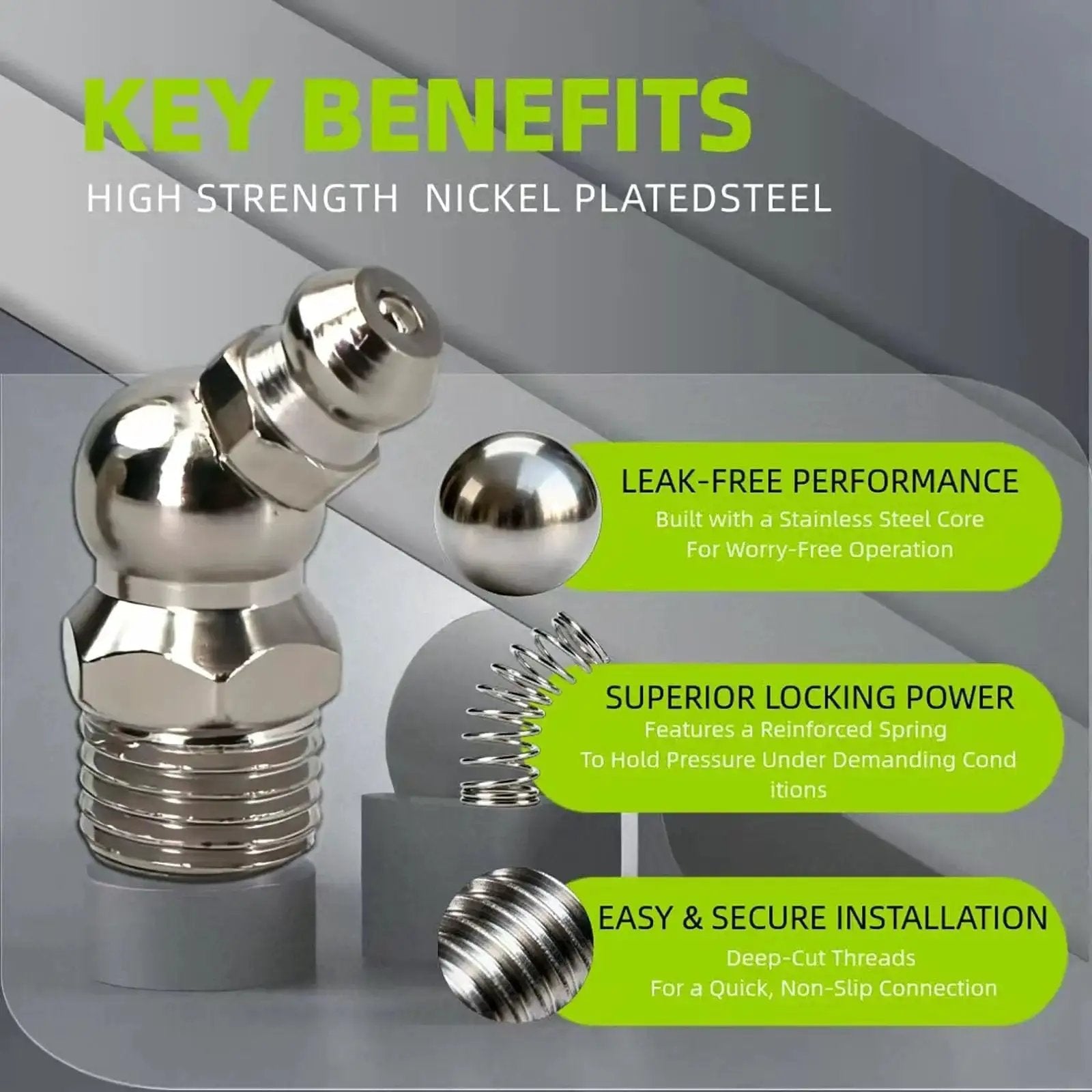 Pro Grade 27 Pcs SAE And Metric Grease Fittings Assortment Kit with nickel-plated iron showing key benefits and features.
