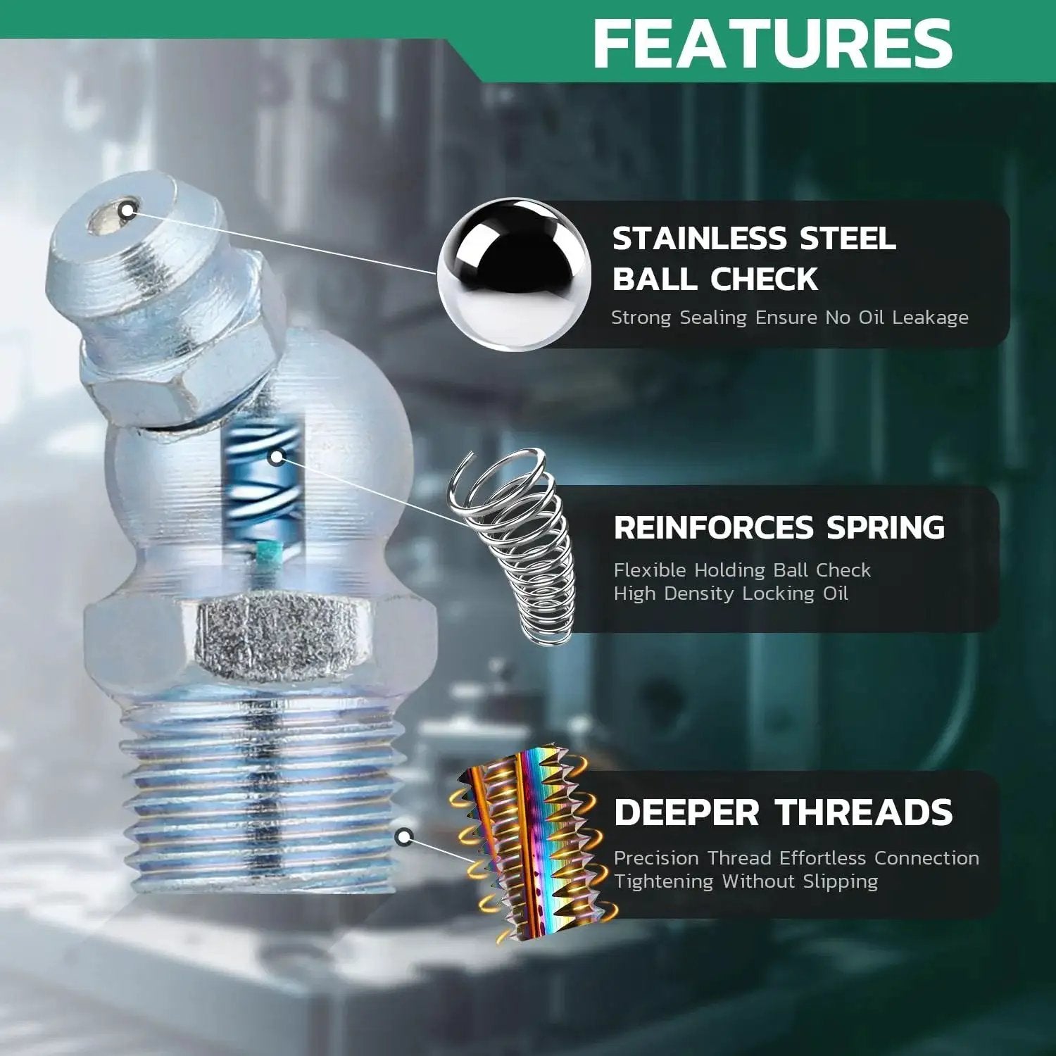 Stainless steel ball check and spring feature on Must-Have All-In-One Grease Fittings Assortment Kit, highlighting deeper threads.