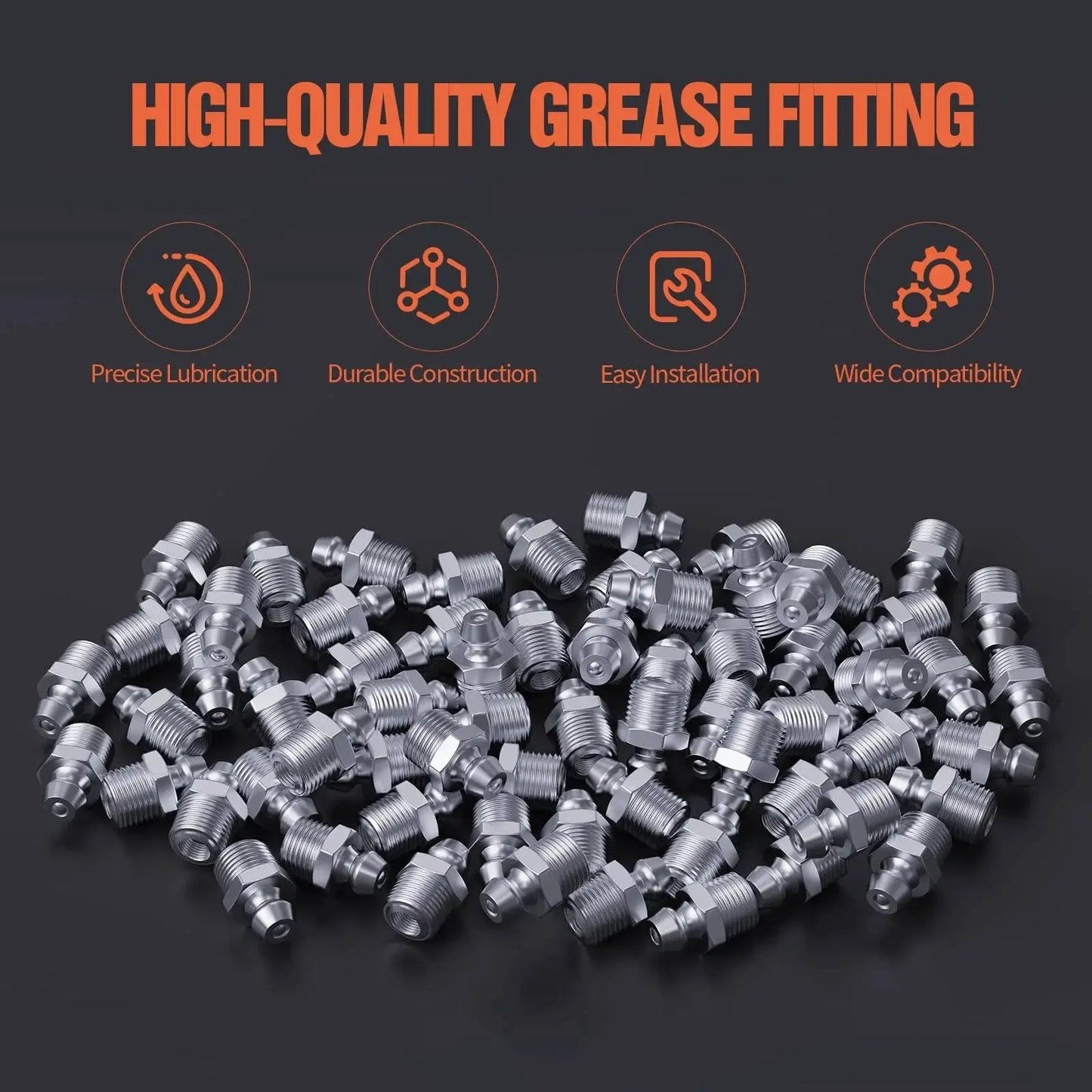 One Eighth Inch Twenty Seven Zerk Grease Fittings Kit With Wrench For Quick Installation displayed on a black background