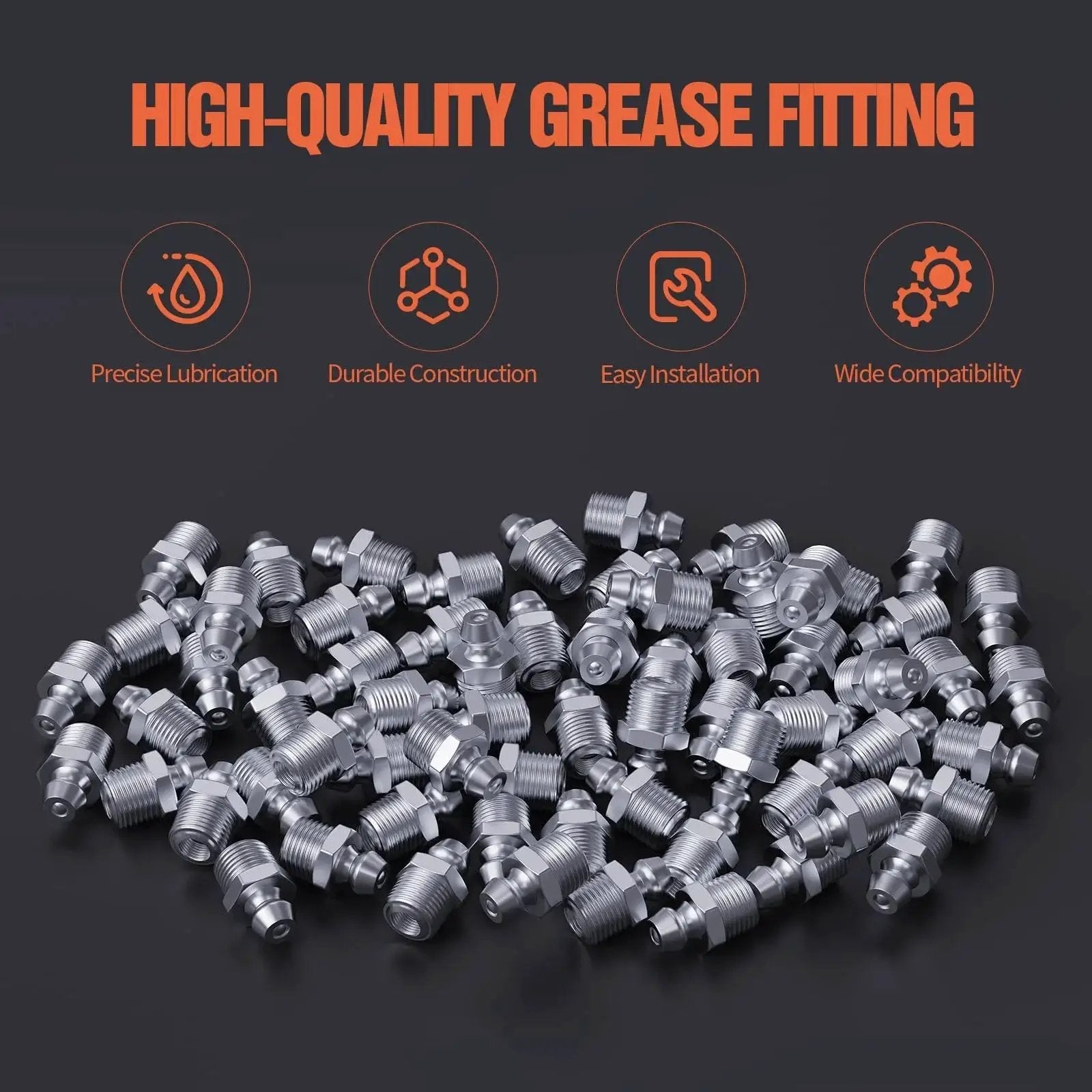 One Eighth Inch Twenty Seven Zerk Grease Fittings Kit With Wrench For Quick Installation displayed on a black background