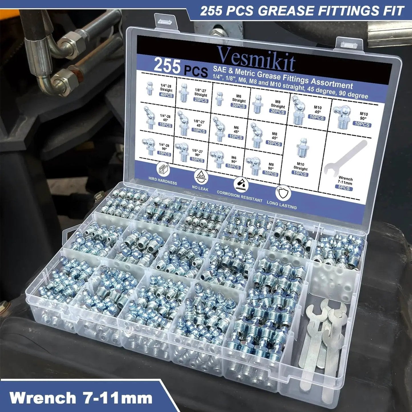 Open kit of SAE and metric grease fittings, 255 pieces including one quarter inch, one eighth inch, straight, angled zerk fittings with wrenches