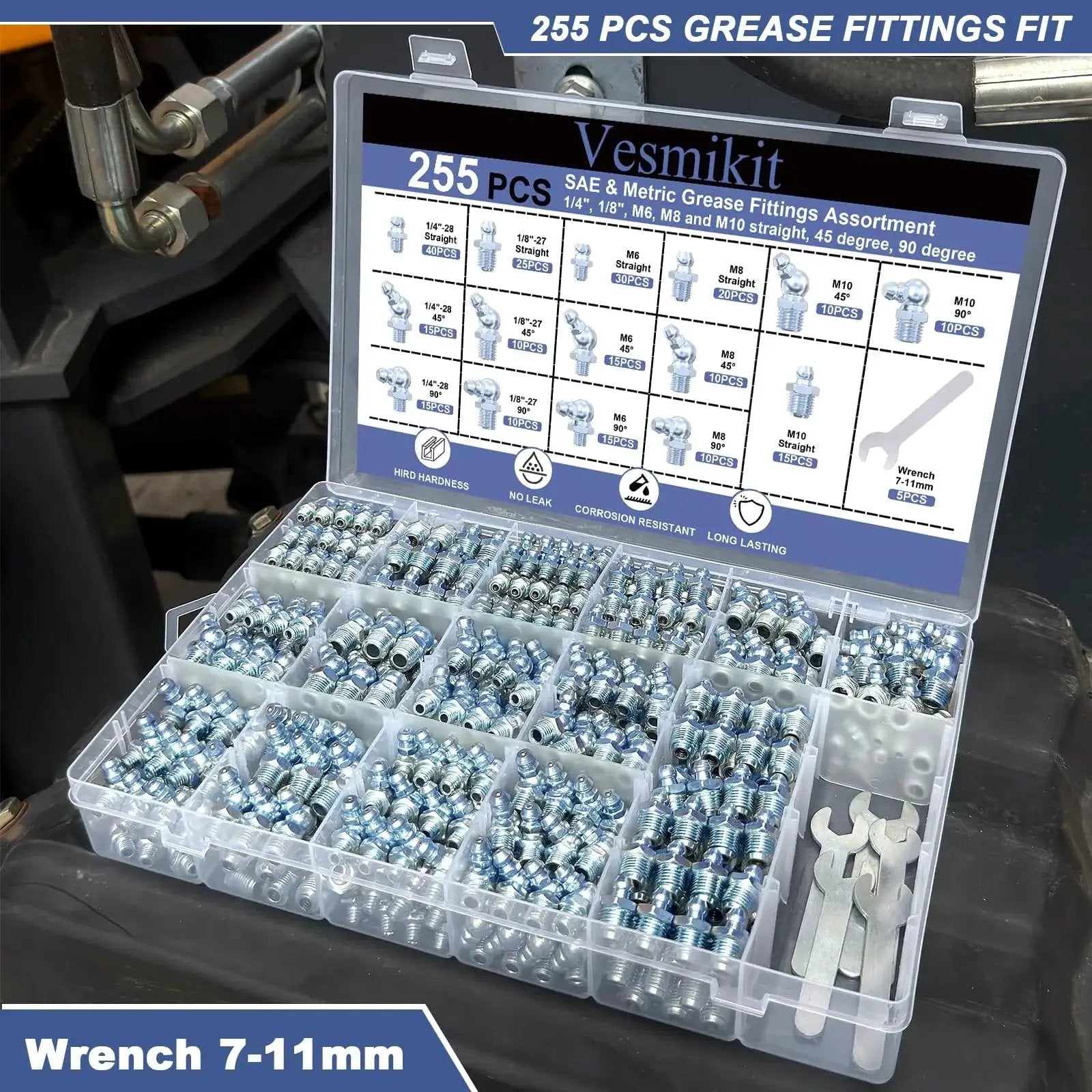 Open kit of SAE and metric grease fittings, 255 pieces including one quarter inch, one eighth inch, straight, angled zerk fittings with wrenches