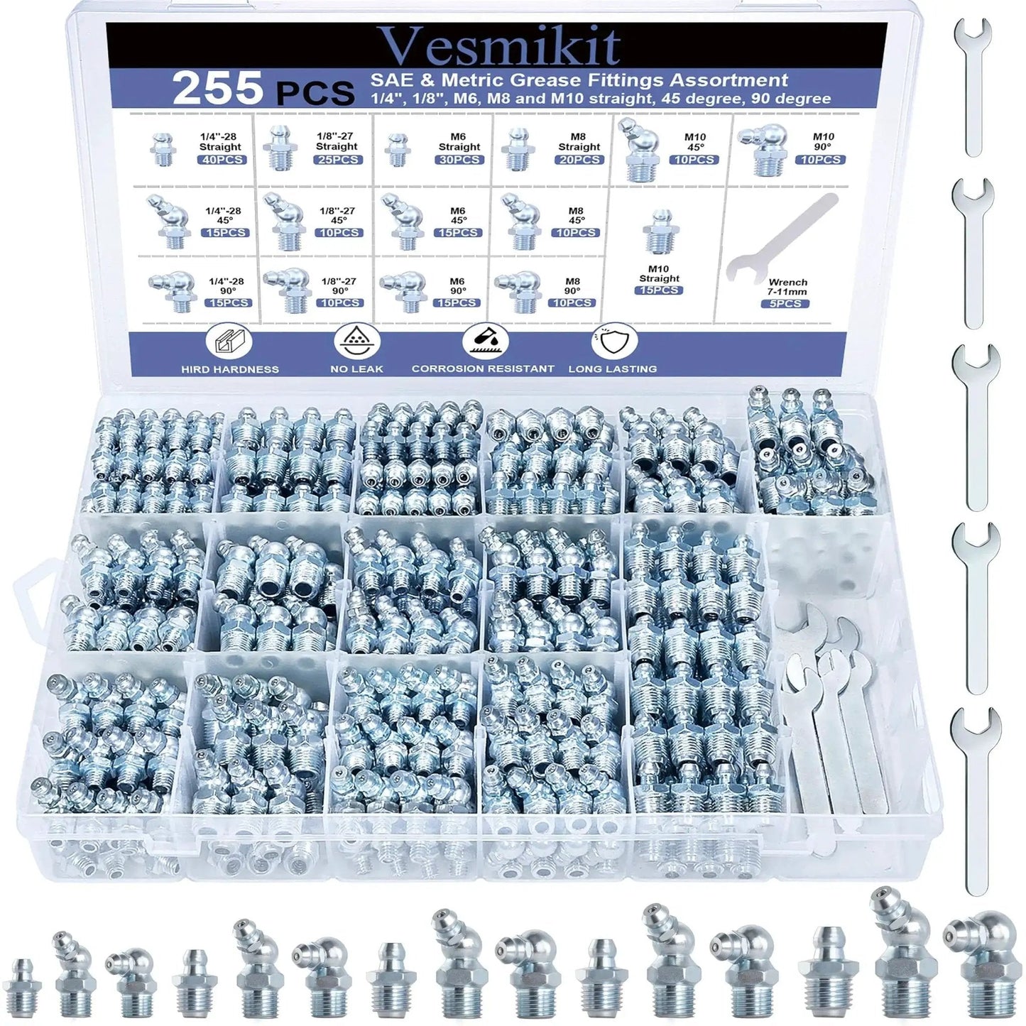 Grease Fittings Assortment Kit With SAE And Metric Zerk Fittings 255 Pieces Including One Quarter Inch And One Eighth Inch M6 M8 M10 Straight 45 Degree And 90 Degree Angles With Wrench Kit For Grease Gun Tractors Vehicles Excavators Trailers in case with tools