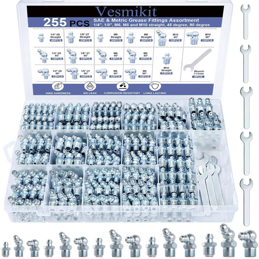 Grease Fittings Assortment Kit With SAE And Metric Zerk Fittings 255 Pieces Including One Quarter Inch And One Eighth Inch M6 M8 M10 Straight 45 Degree And 90 Degree Angles With Wrench Kit For Grease Gun Tractors Vehicles Excavators Trailers in case with tools