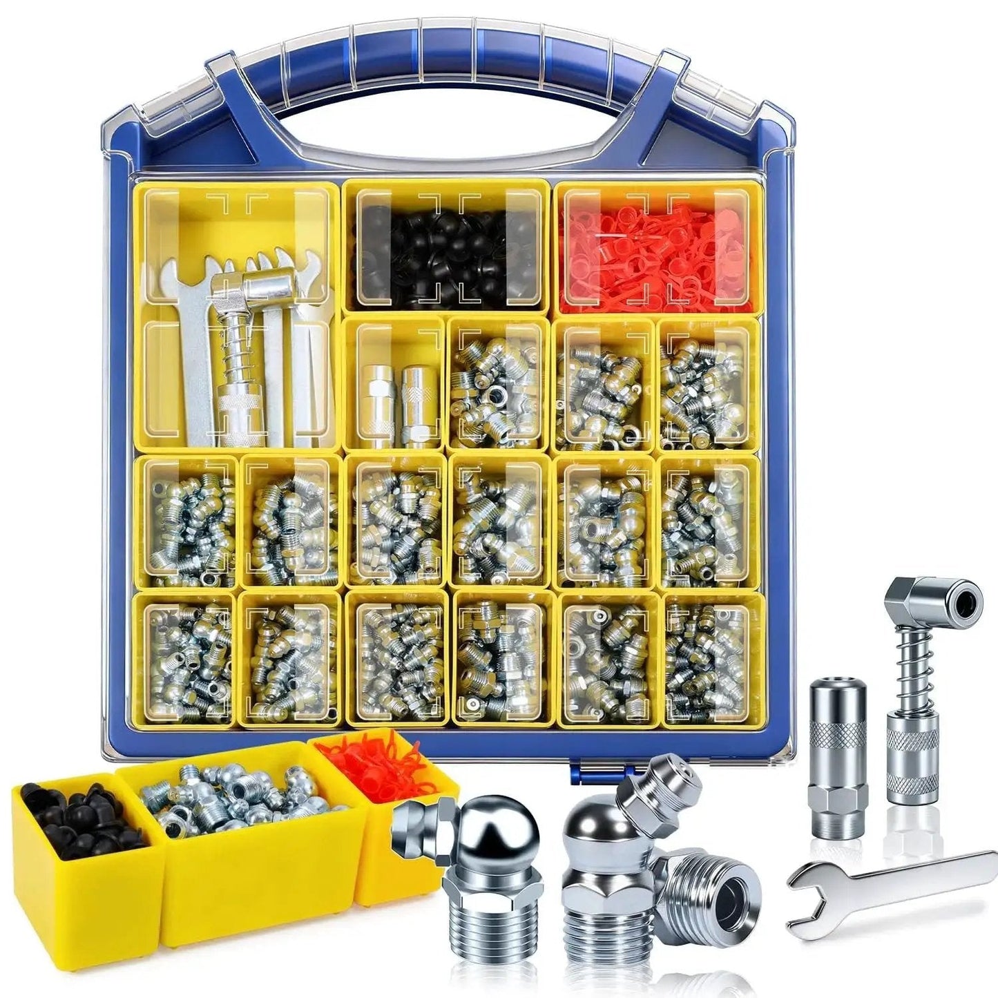 Must-Have All-In-One Grease Fittings Assortment Kit With DIY Tool Storage Box Organizer, 450Pcs SAE And Metric Zerk Fittings