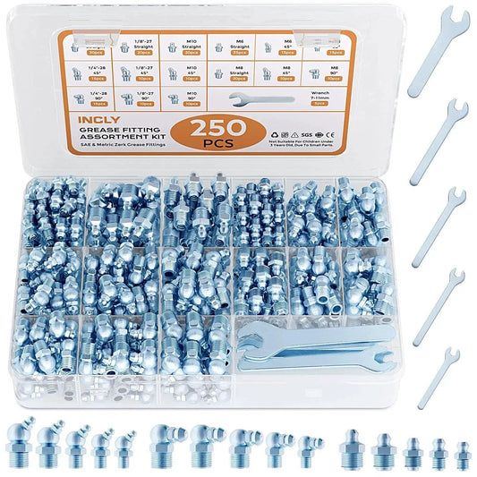 250 Pcs SAE And Metric Grease Fittings Assortment With Wrench Kit for Garage and Farm Maintenance, includes galvanized steel fittings and wrenches.