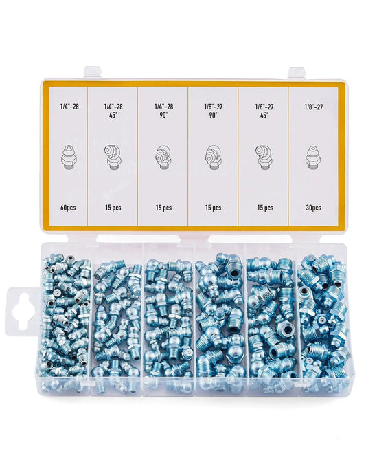 Grease Fittings Kit 150 Piece SAE Hydraulic Zerk Assortment with various sizes and angles in an organized plastic case.