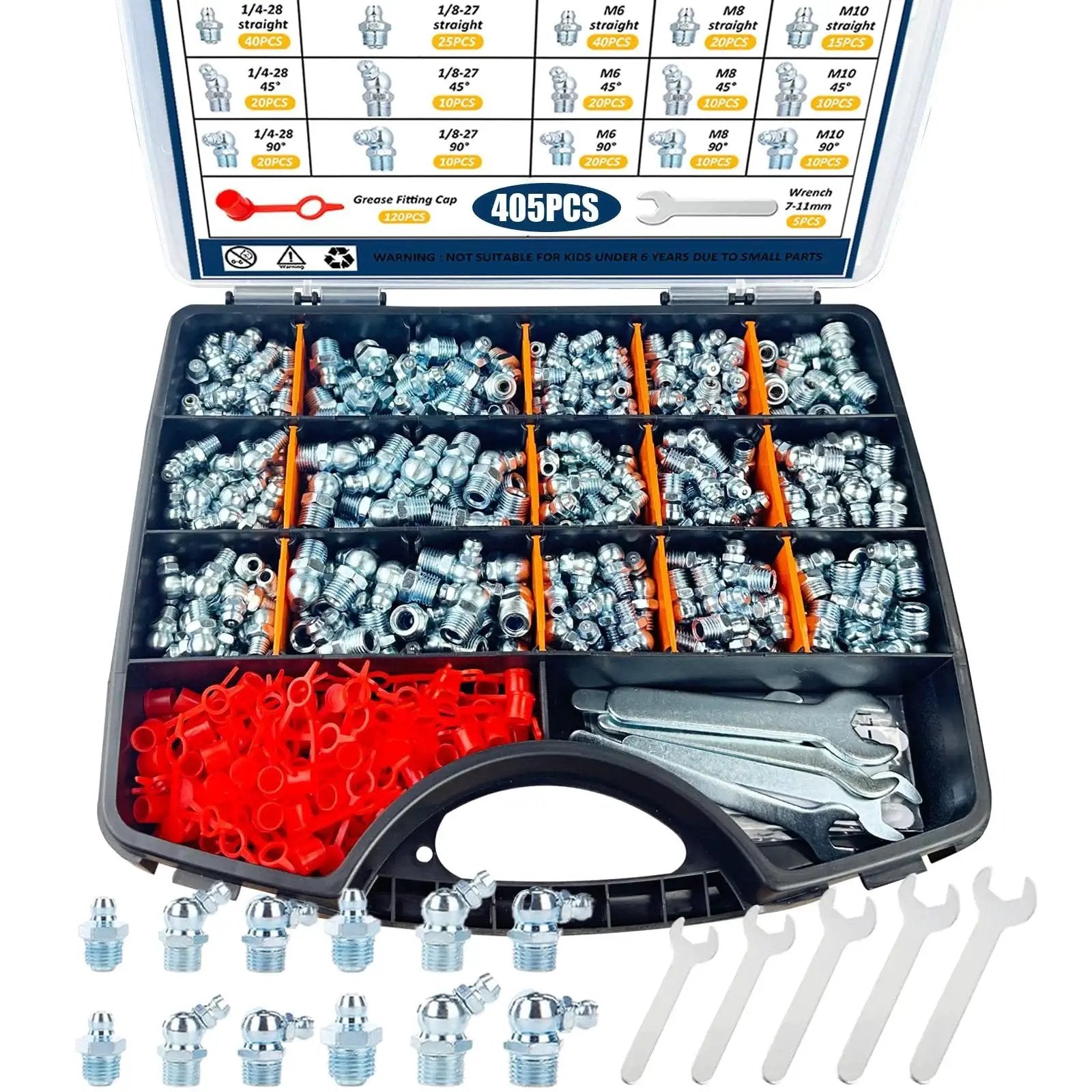 All In One Grease Fittings Kit With 405 Pcs SAE And Metric Zerk Fittings Including NPT One Quarter Inch And One Eighth Inch M6 M8 M10 Straight 45 90 Degree Angles Caps And Wrench Galvanized Steel For Long Lasting Rust Resistance And Smooth Grease Gun Fit displayed in open case with wrenches and caps