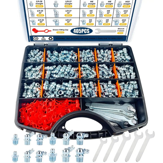 All In One Grease Fittings Kit With 405 Pcs SAE And Metric Zerk Fittings Including NPT One Quarter Inch And One Eighth Inch M6 M8 M10 Straight 45 90 Degree Angles Caps And Wrench Galvanized Steel For Long Lasting Rust Resistance And Smooth Grease Gun Fit displayed in open case with wrenches and caps