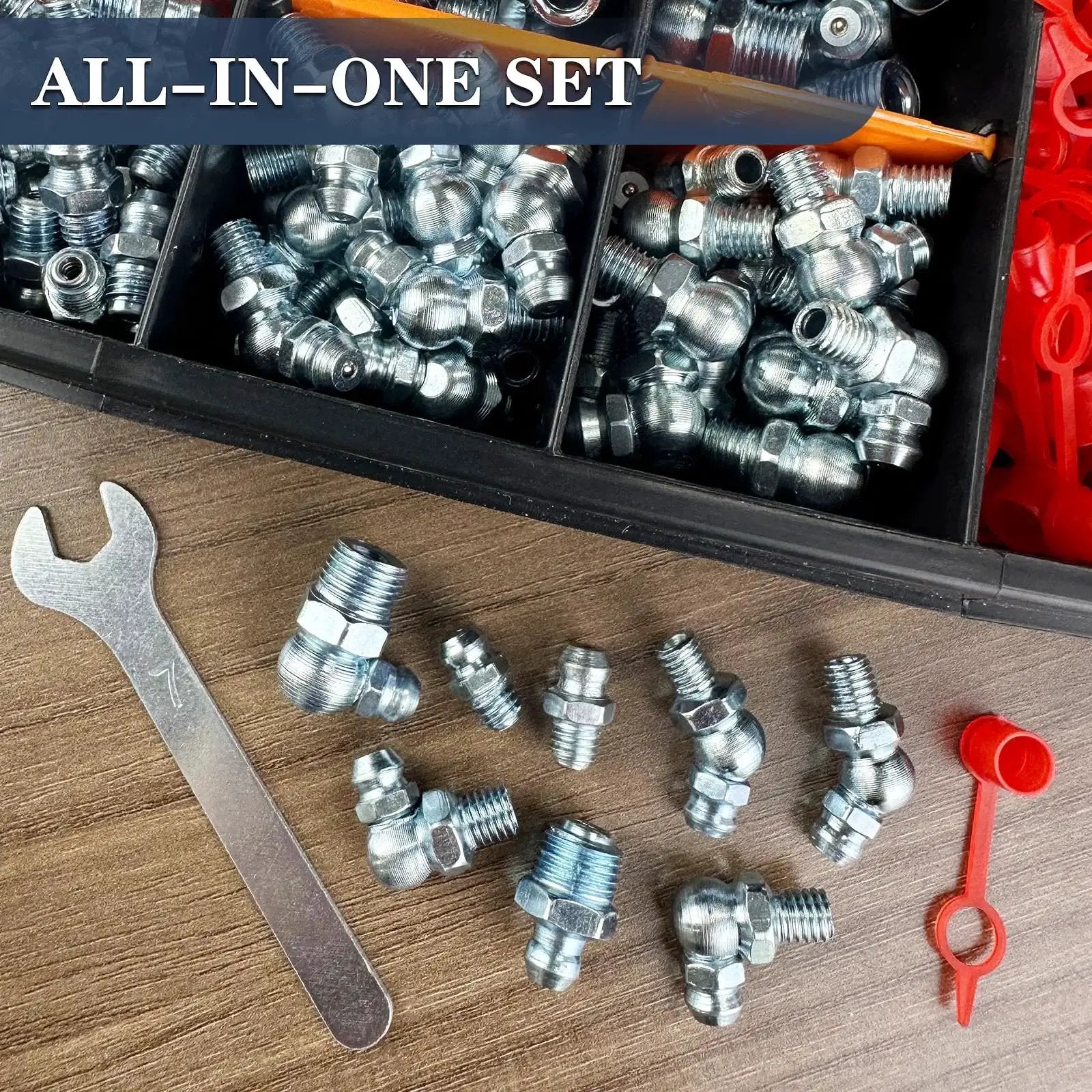 All In One Grease Fittings Kit With 405 Pcs SAE And Metric Zerk Fittings Including NPT One Quarter Inch And One Eighth Inch M6 M8 M10 Straight 45 90 Degree Angles Caps And Wrench on wood surface