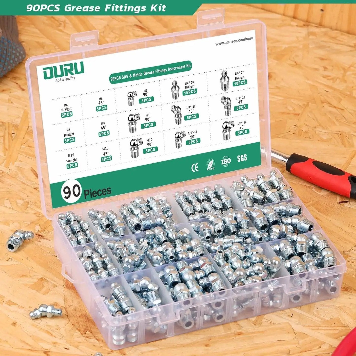 Pro Grade Grease Fittings Set For Grease Gun 90 Piece Assortment in box with SAE and Metric Zerk Fittings
