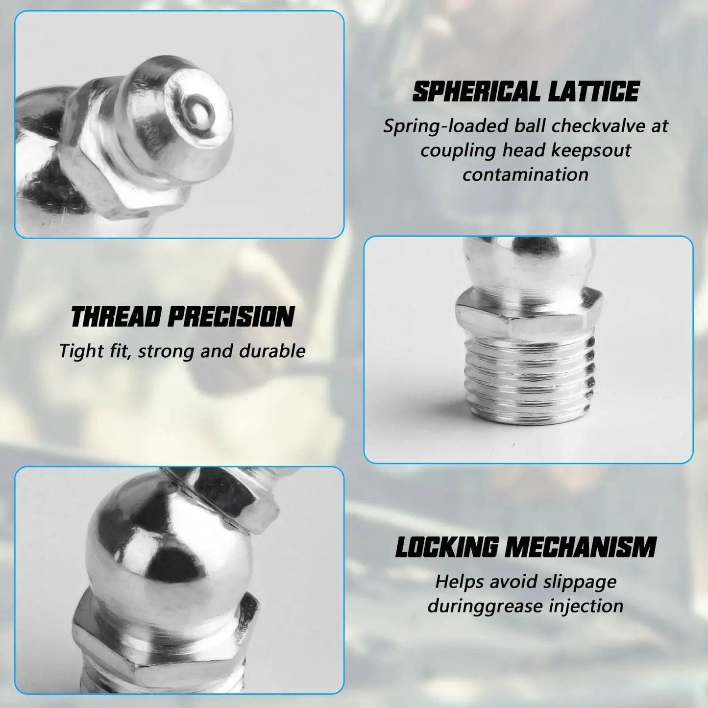 Close-up of 70 Pcs Metric Grease Fittings Assortment Kit Featuring M6 M8 M10 Zerk Fittings with spherical lattice and thread precision.