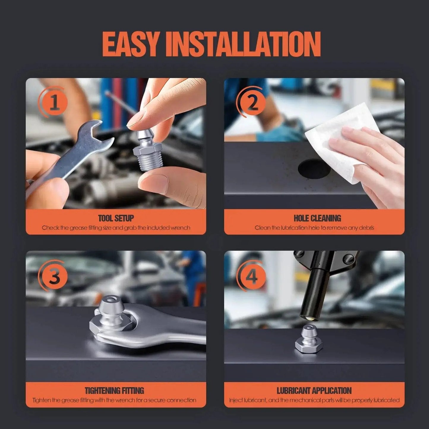 One Eighth Inch Twenty Seven Zerk Grease Fittings Kit With Wrench Easy Installation Steps by TRILINK