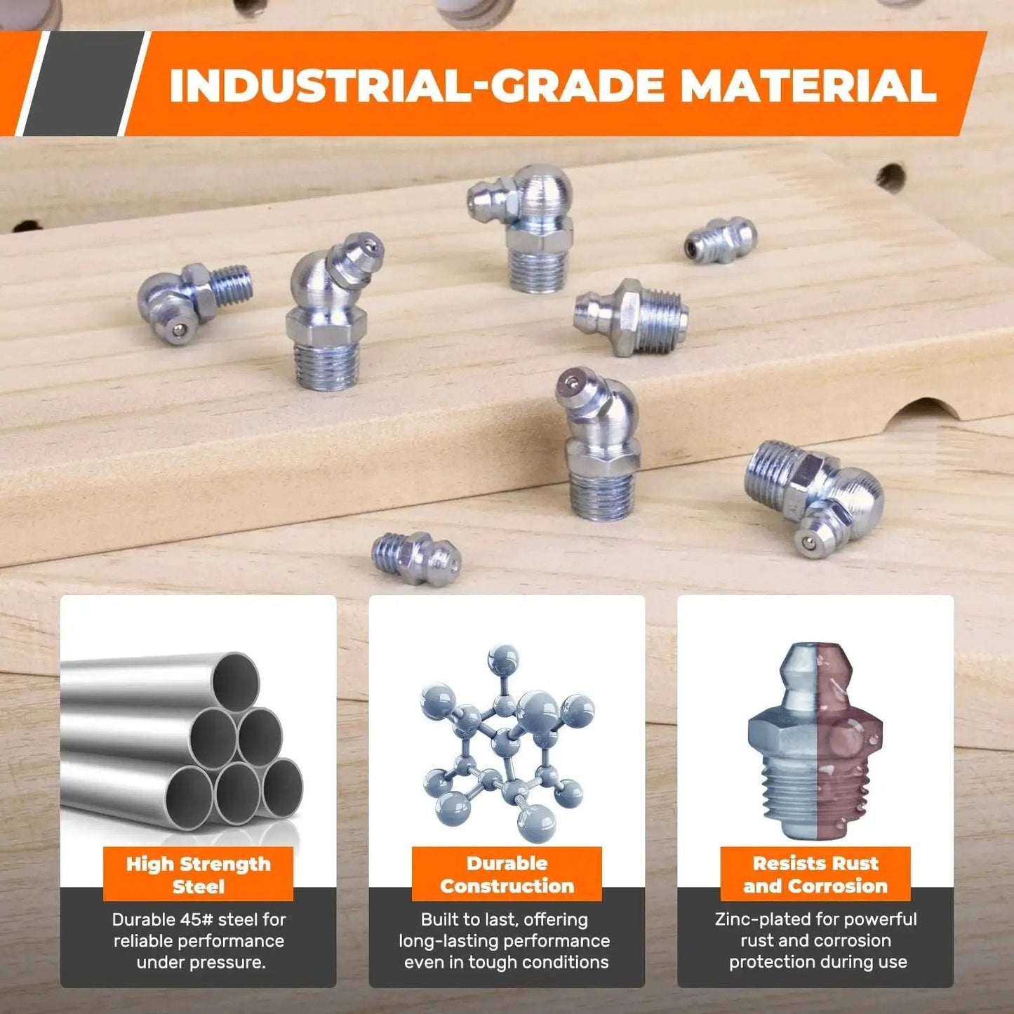 Grease Fittings Kit 250 Piece Assortment With 18 SAE And Metric Zerk Fittings Including UNF NPT displayed on wood board