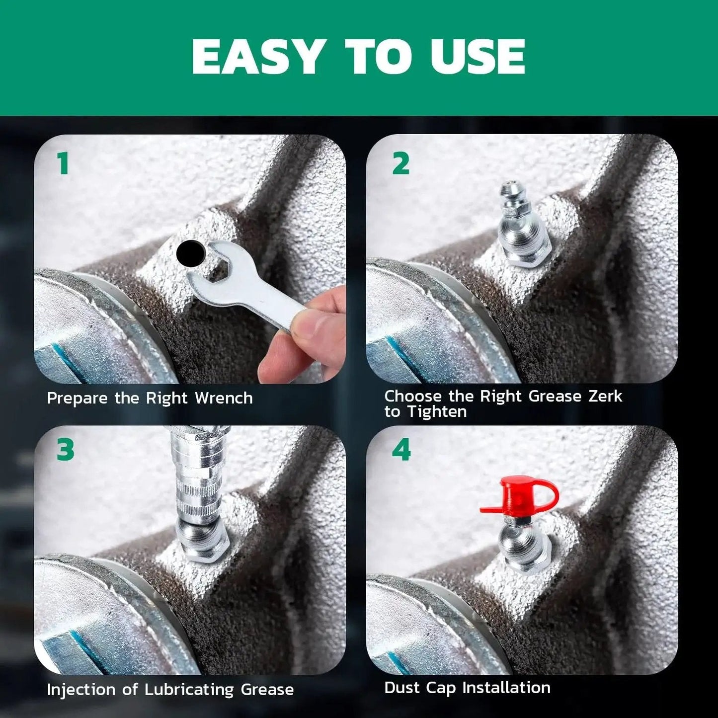 Steps for using Grease Fittings Kit Fifty Pack One Quarter Inch Twenty Eight SAE Zerk 90 Degree Fittings with Caps and Wrench.
