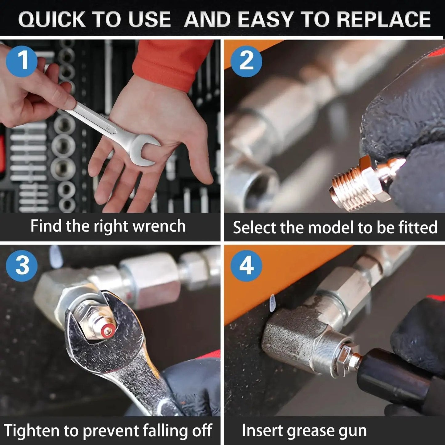 Steps to use the 60 Piece Grease Fittings Kit With One Quarter Inch And One Eighth Inch BSP Threads Featuring Ninety Degree Forty Five Degree And Straight Angles.
