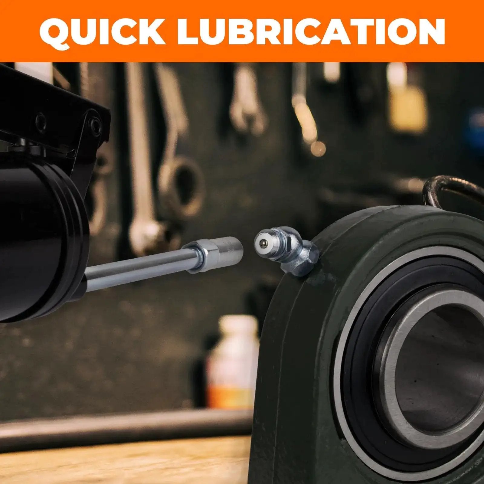 Grease Fittings Kit 250 Piece Assortment With 18 SAE And Metric Zerk Fittings in use for quick bearing lubrication in workshop