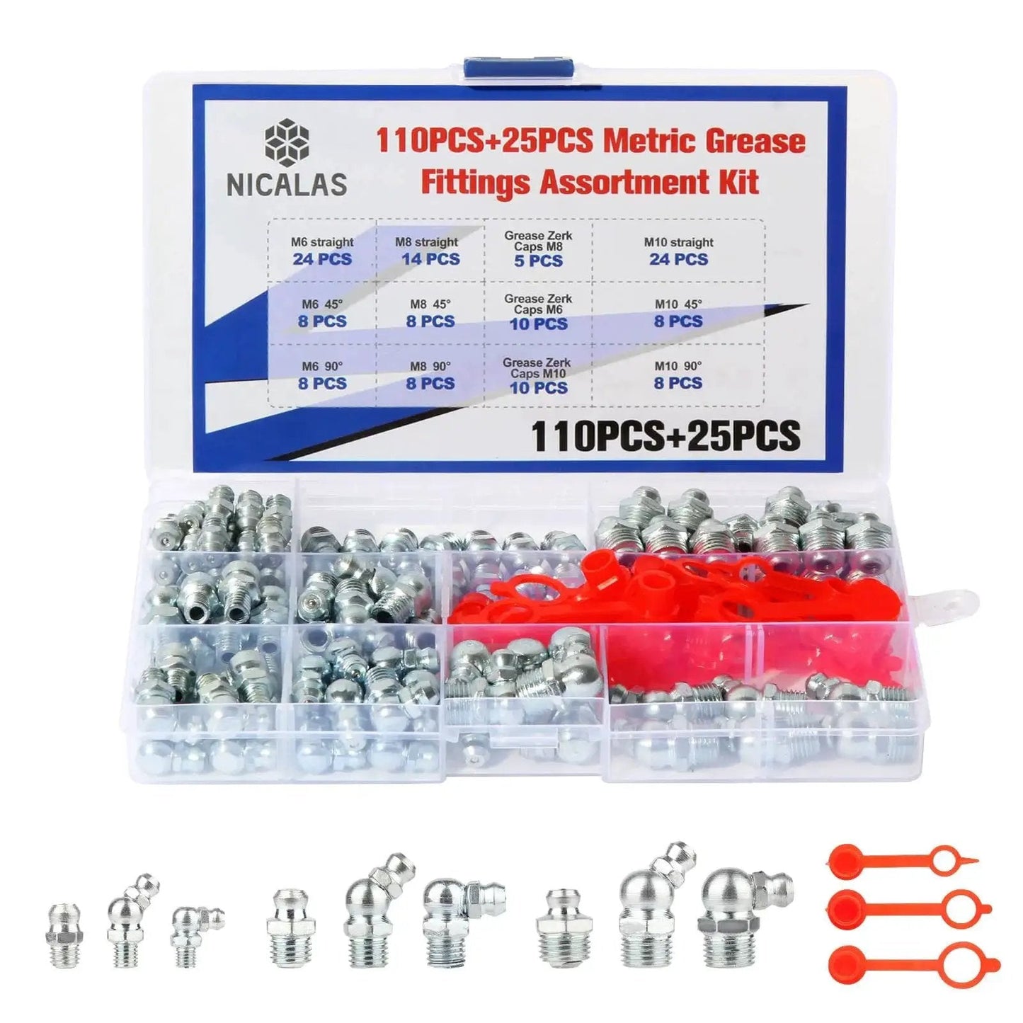 135Pcs Grease Fittings Assortment Kit With Metric Zerk Fittings In Straight 45 Degree And 90 Degree Angles Plus Plastic Fitting Caps