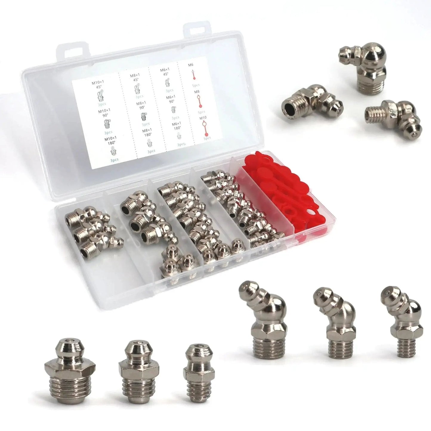 Pro Grade 27 Pcs SAE And Metric Grease Fittings Assortment Kit With M6 M8 M10 Zerks in a plastic case for lubrication use.