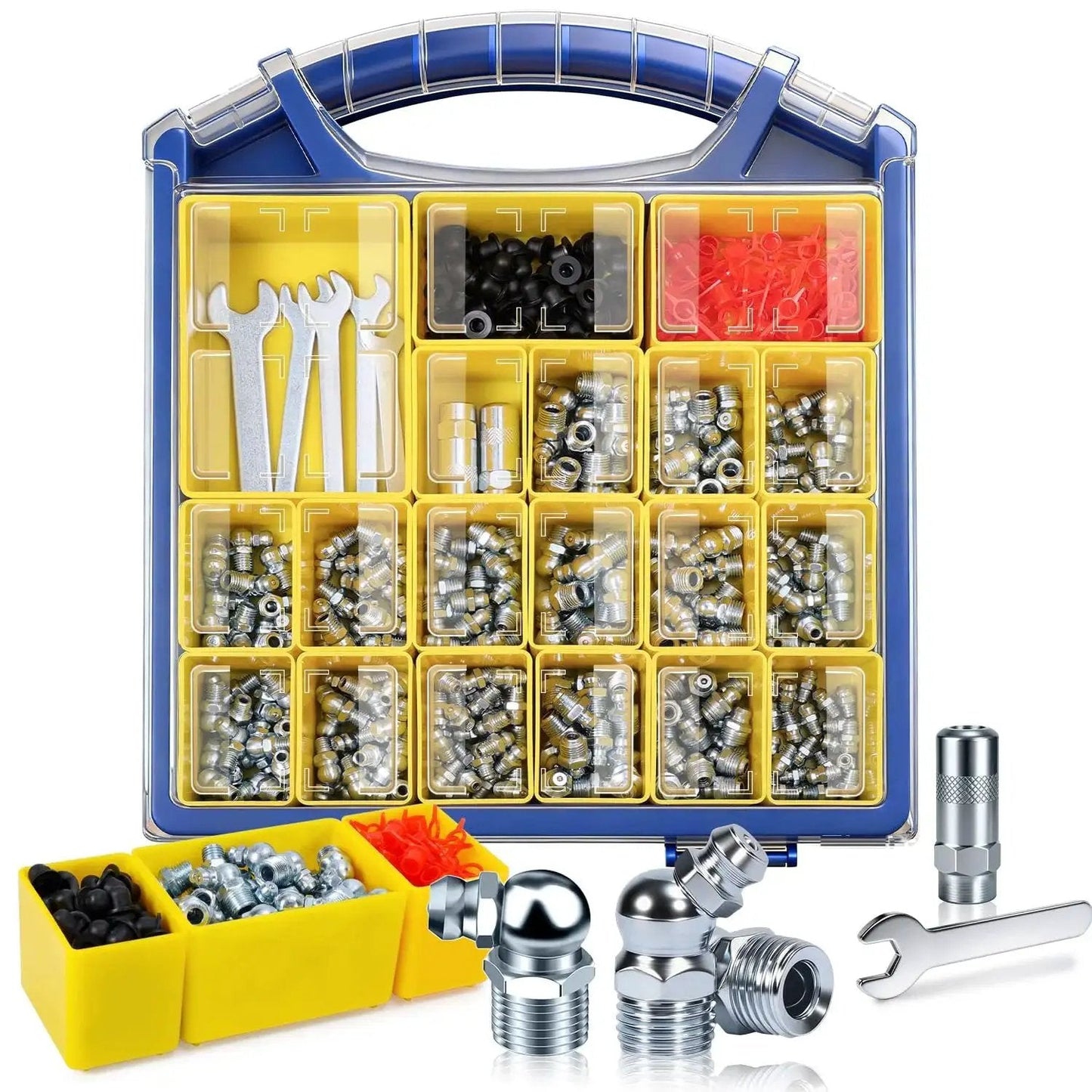 Grease Fittings Kit With DIY Portable Storage Case for 330 PCS SAE and Metric zerk fittings, couplers, dust caps, and wrench set