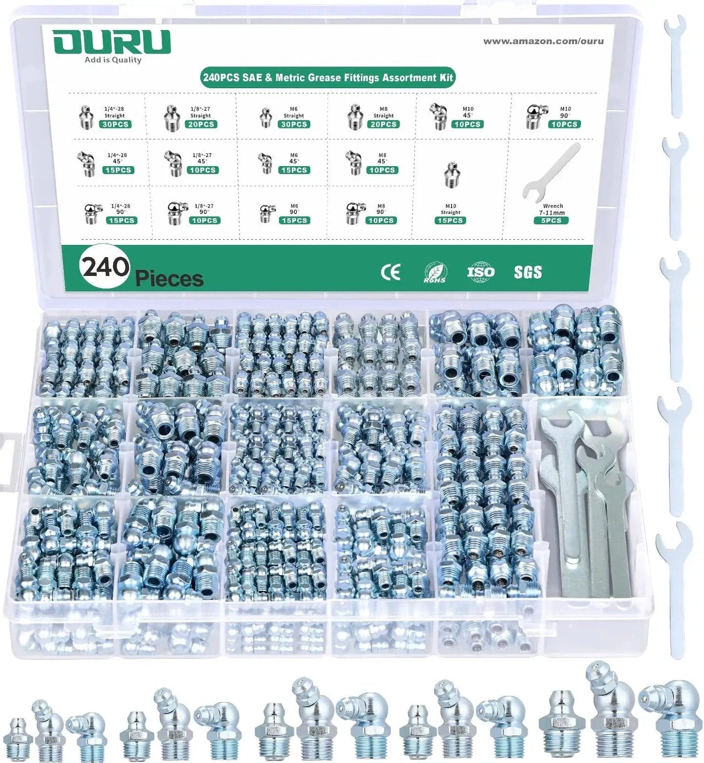 Grease Fittings Set All In One 240 Piece SAE And Metric Zerk Fittings NPT Quarter Inch And Eighth Inch M6 M8 M10 Straight And Angled Nipples with Wrench Kit