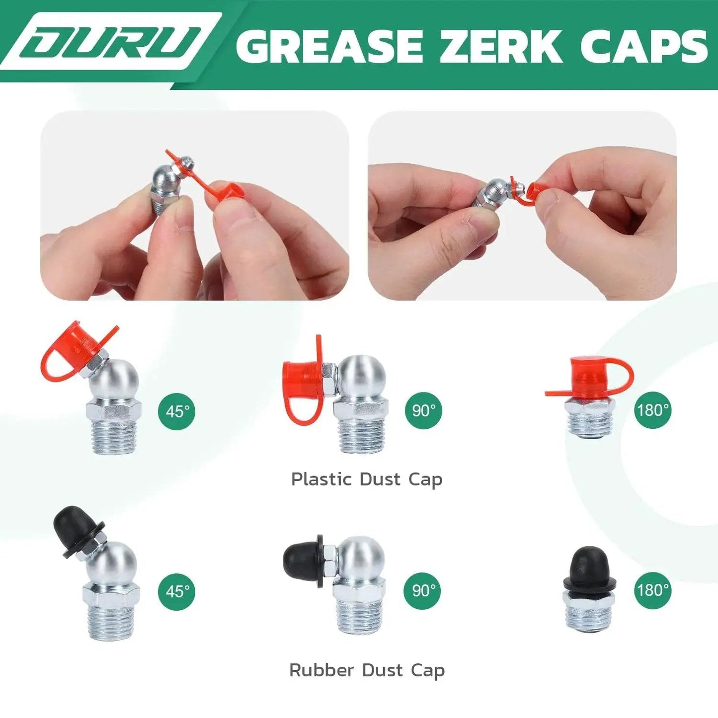 Close-up of hands attaching plastic and rubber dust caps on grease zerks in 45, 90, 180 degrees for Grease Fittings Kit with DIY Portable Storage.