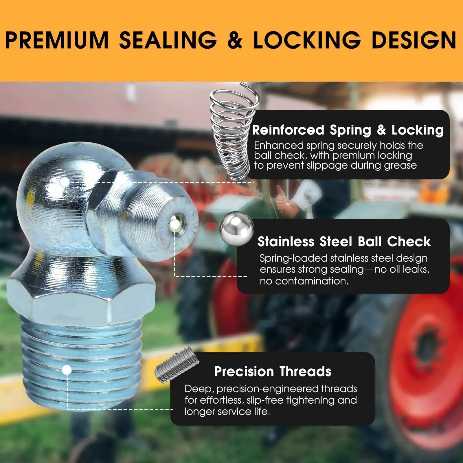 Close-up of a grease fitting from the One-Stop 240-Piece Grease Fittings Set with text highlighting spring, ball check, and threads.