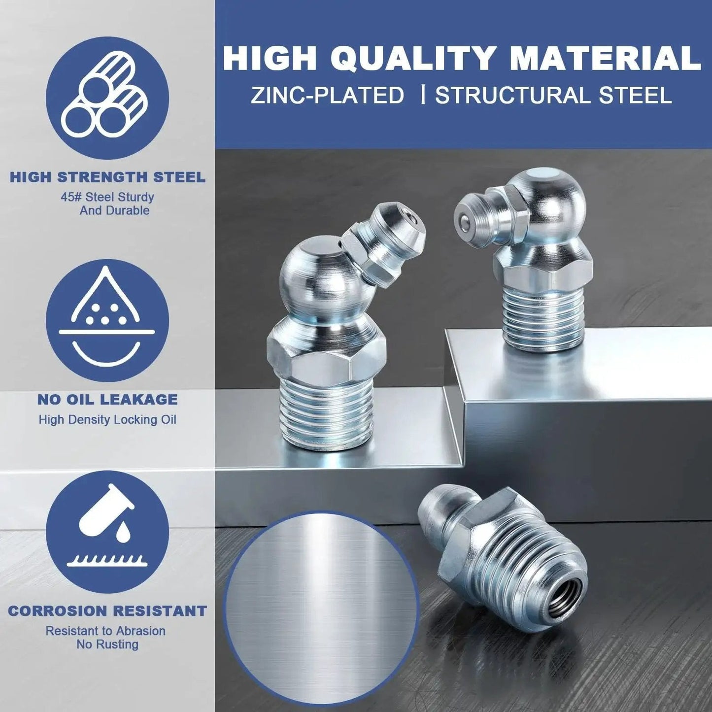 Grease Fittings Assortment Kit With SAE And Metric Zerk Fittings 255 Pieces zinc-plated structural steel close-up