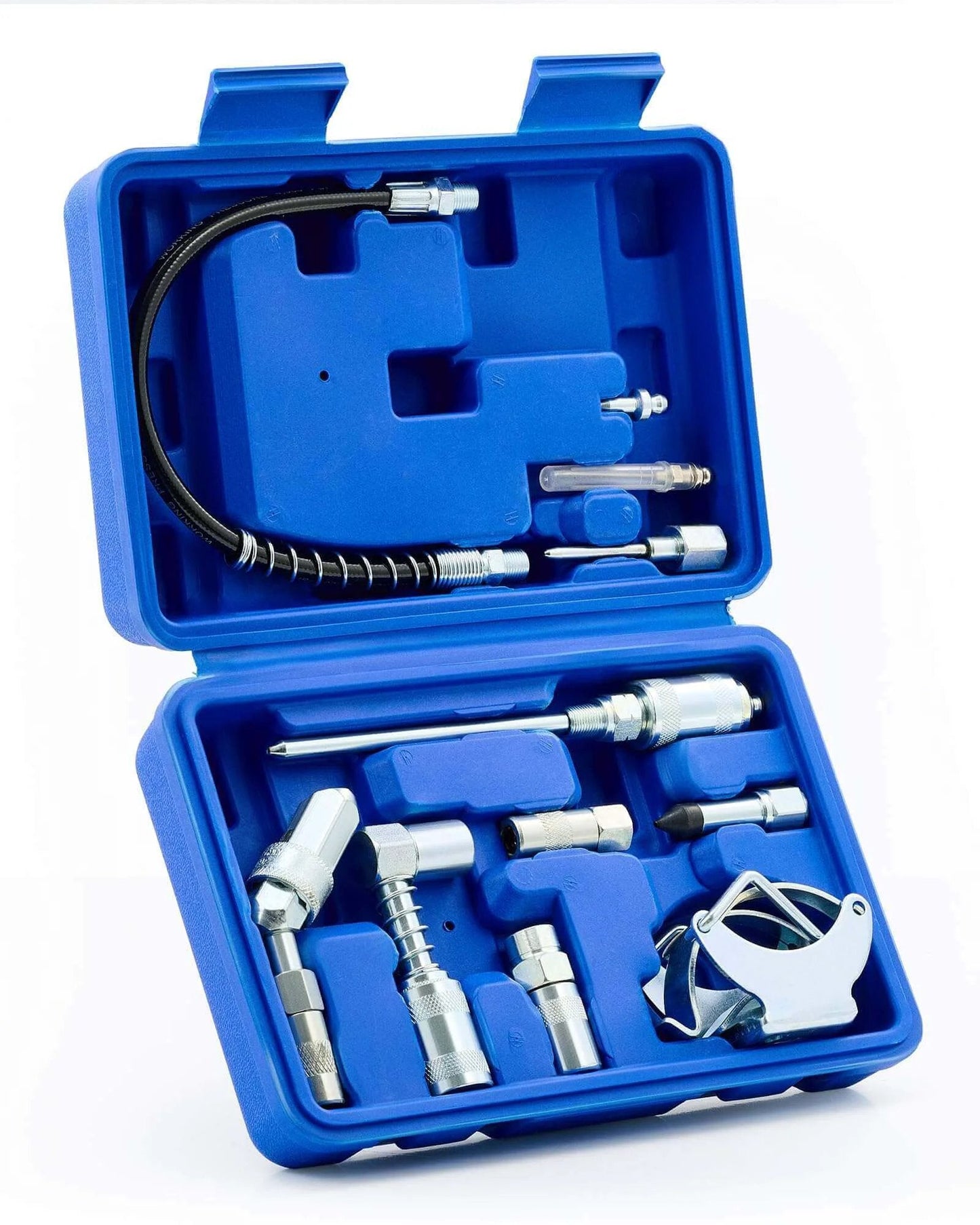 Grease Gun Accessory Kit, 11 Piece Grease Gun Coupler Set for Hard to Reach Grease Fittings in blue case