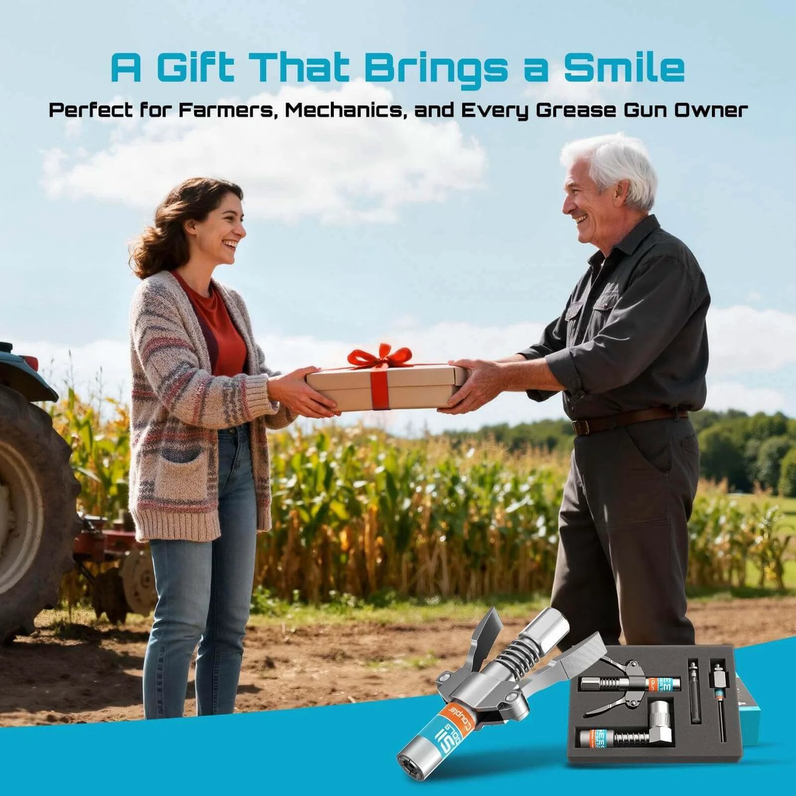 Two people exchanging a gift box in a field with a Grease Gun Accessory Kit image inset including Quick-Release Coupler, GR04P.
