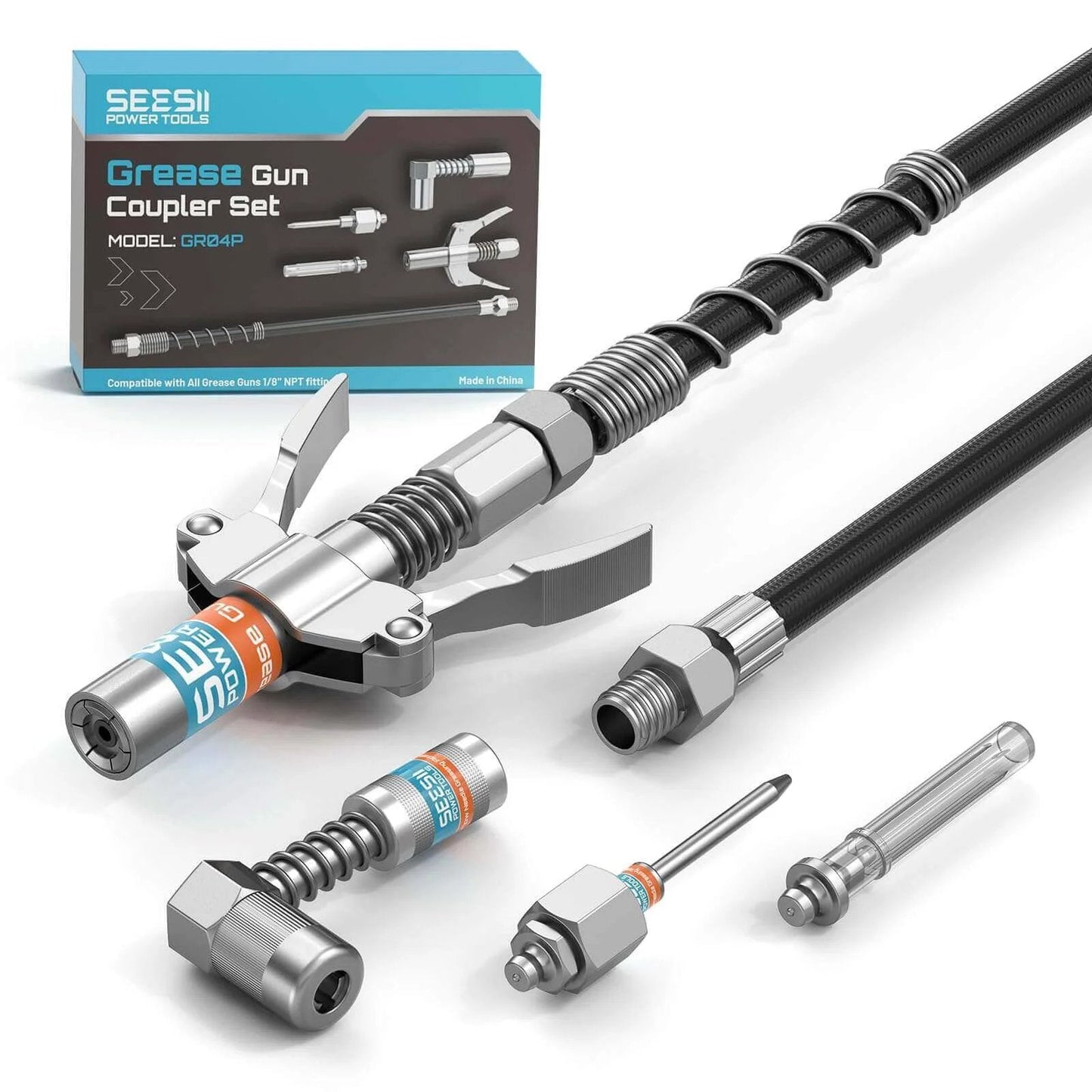 Grease Gun Accessory Kit with Quick-Release Coupler, 90 Degree Adapter, 12 Inch Hose, and 2 Needle Tips, model GR04P displayed.