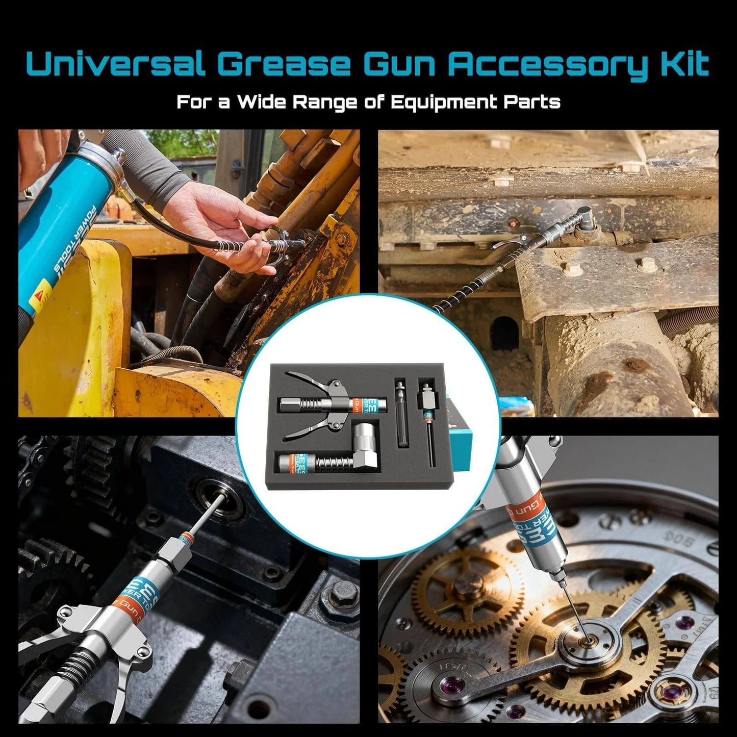 Grease Gun Accessory Kit, Includes Quick-Release Coupler, 90 Degree Grease Gun Coupler Adapter, 12 Inch Flexible Hose, 2 Grease Needle Tips