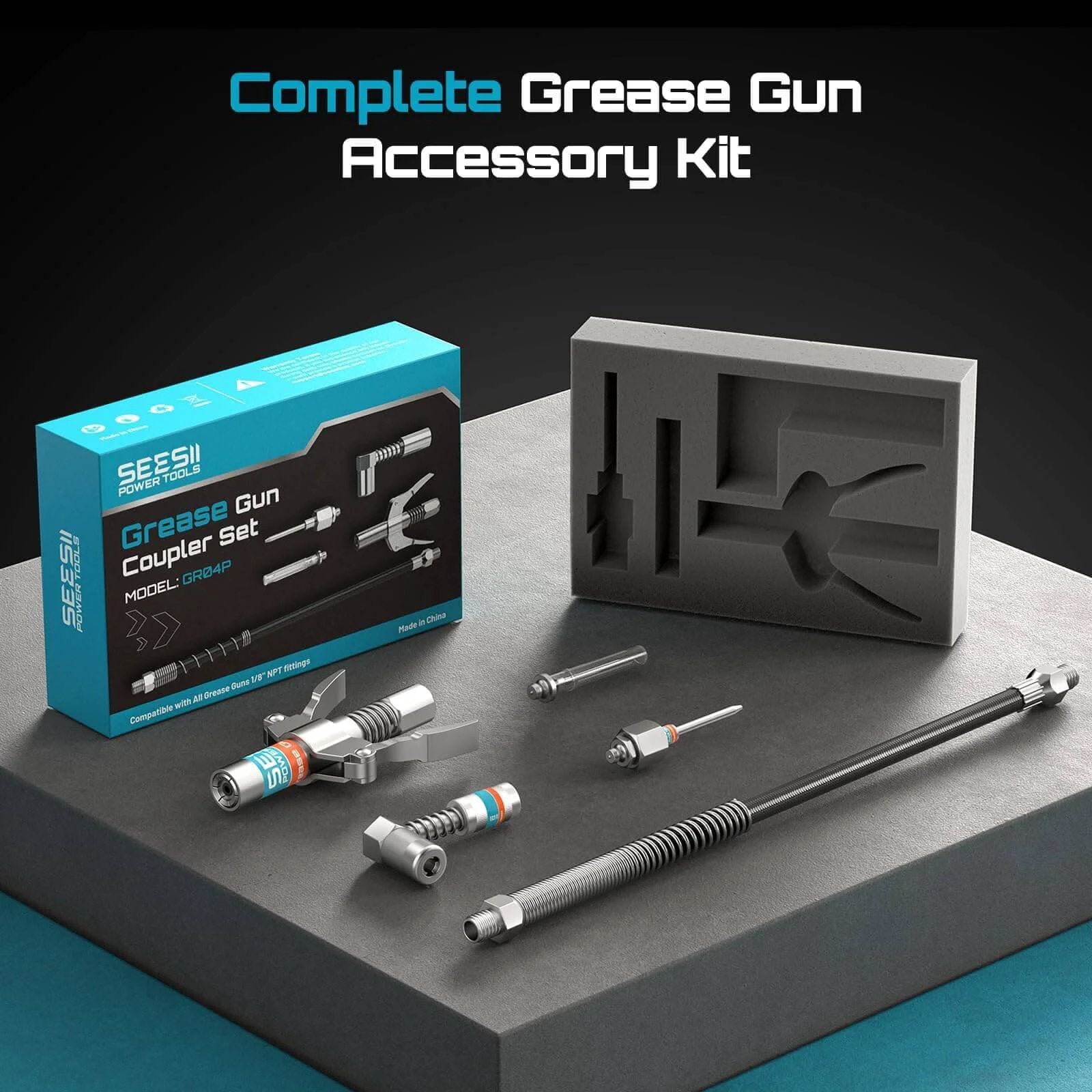 Grease Gun Accessory Kit, Includes Quick-Release Coupler, 90 Degree Adapter, 12 Inch Hose, 2 Needle Tips, GR04P packaging and components