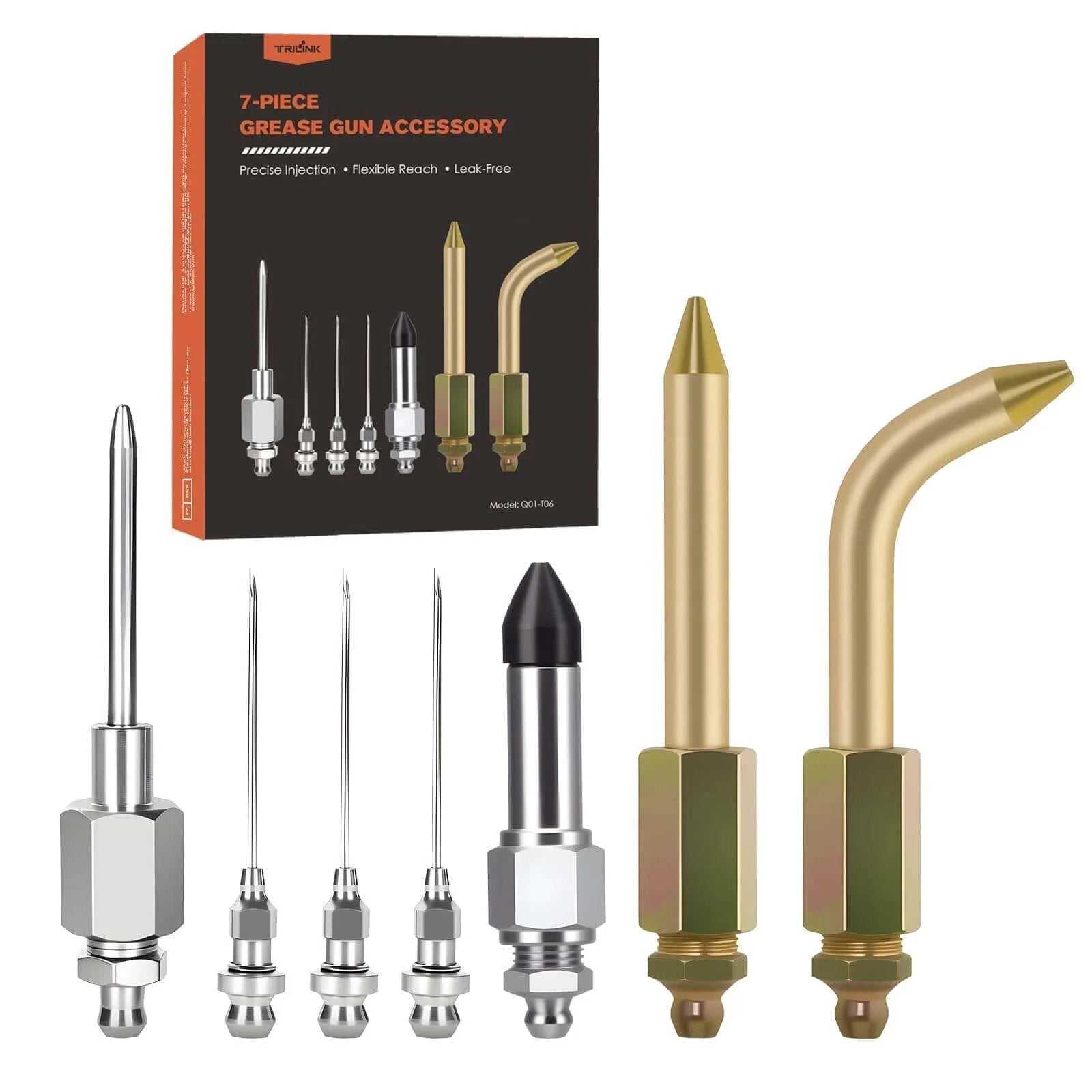 Grease Gun Needle Tip Kit – 7PCS Grease Gun Accessory Set with 3 Grease Injector Needle, Rubber Joint Fitting, Adapter for Bearings