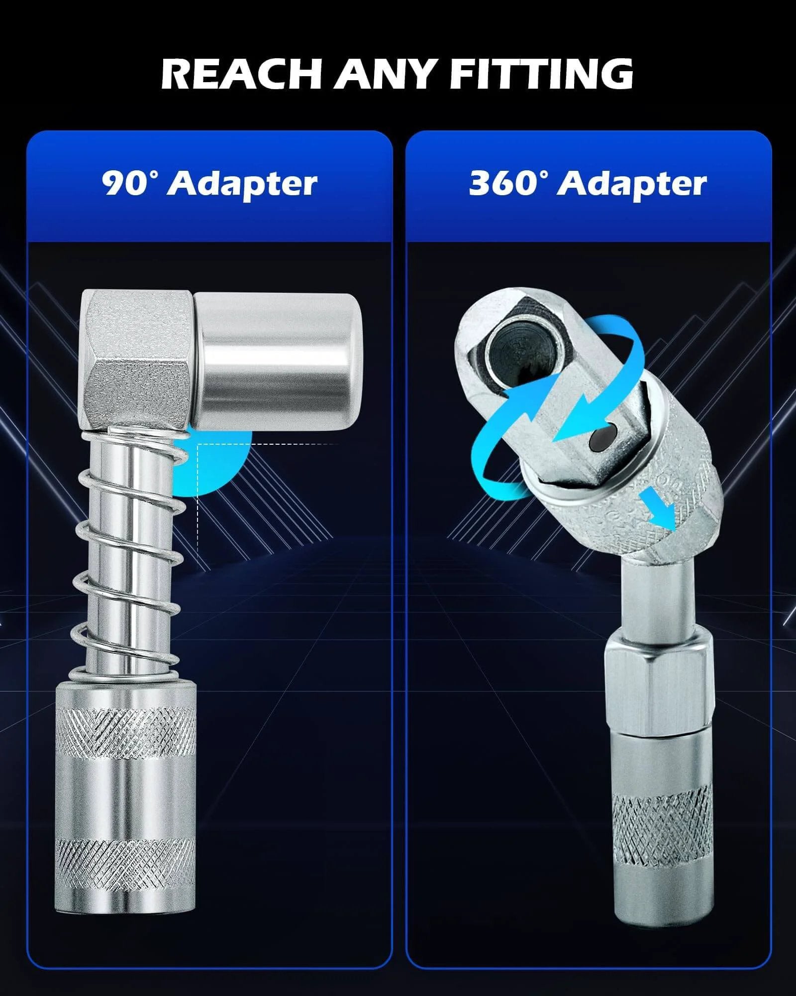 90° and 360° adapters from Grease Gun Accessory Kit, 11 Piece Grease Gun Coupler Set for Hard to Reach Grease Fittings