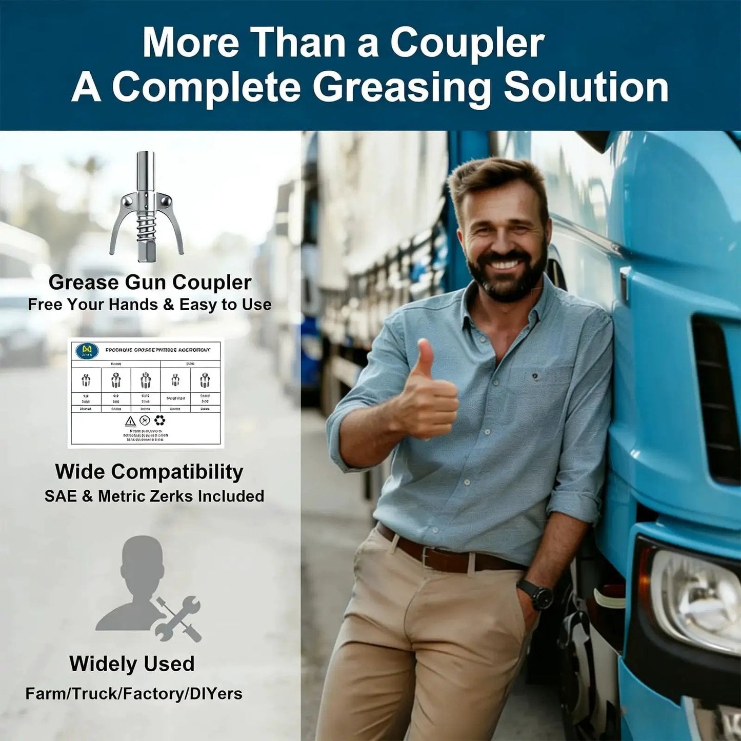 Smiling man giving thumbs up next to truck with All In One Grease Gun Coupler Kit With 60 Grease Fittings For Hands Free Greasing Zerk Fittings