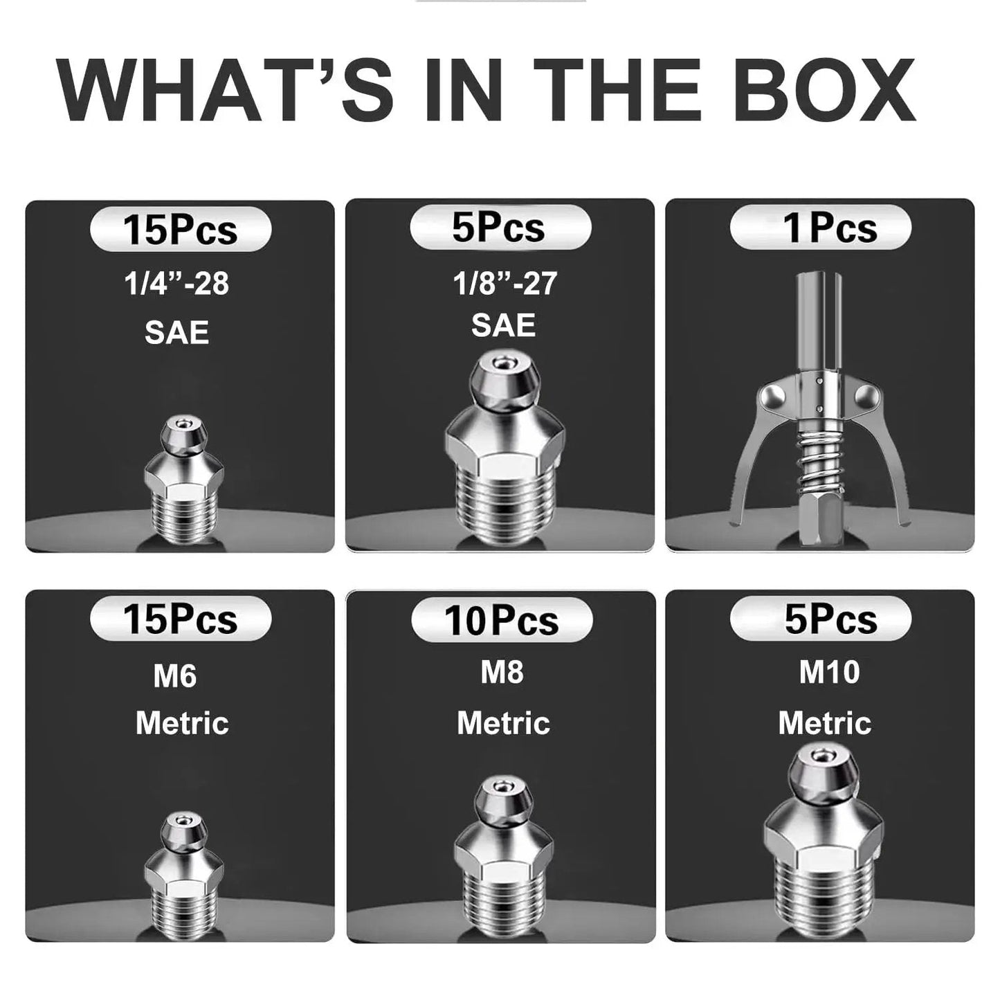 Image showing contents of All In One Grease Gun Coupler Kit with 60 grease fittings, including SAE and metric sizes, as listed in the box.