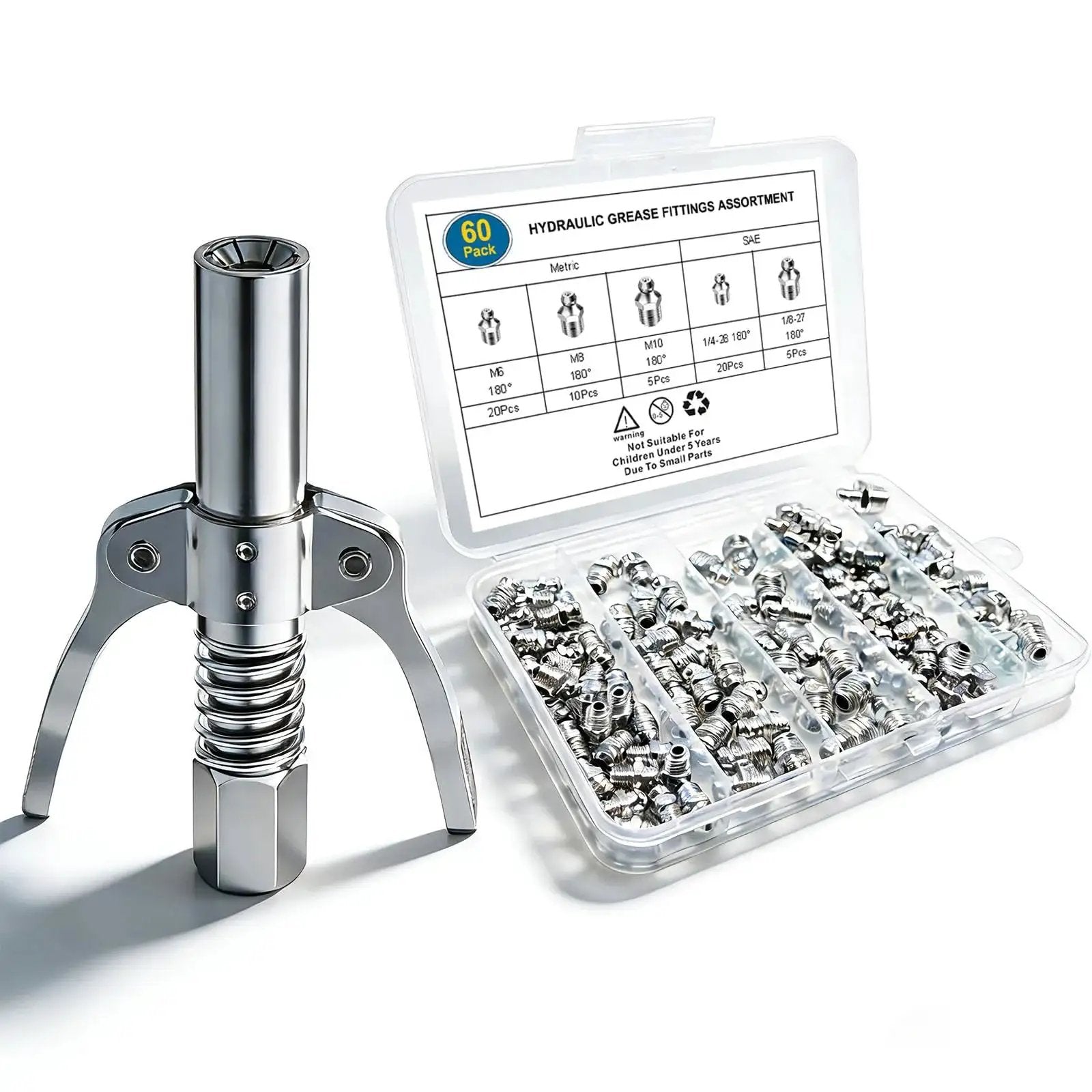 All In One Grease Gun Coupler Kit with 60 Grease Fittings, steel construction, hands-free, compatible with metric and SAE sizes.