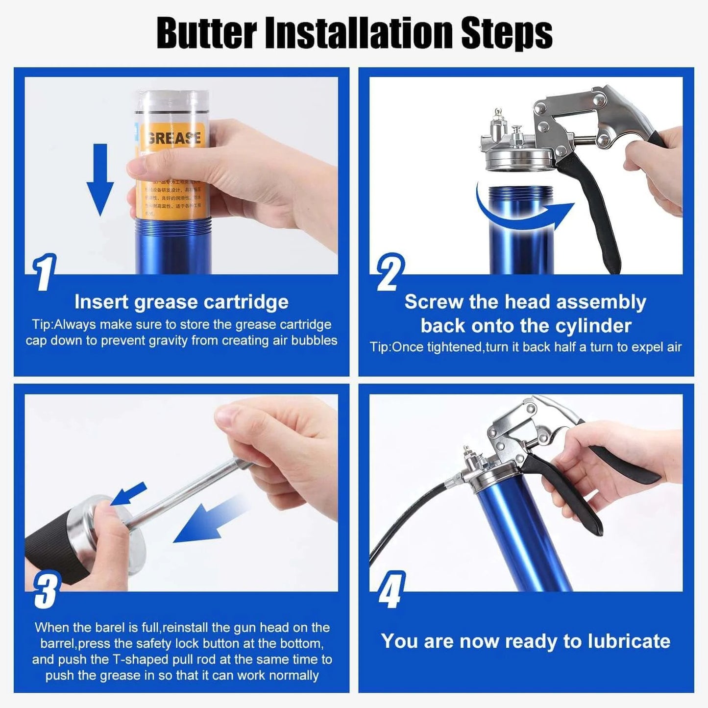 Instruction steps for using Heavy Duty Grease Gun Kit, inserting grease cartridge, assembling head, ready to lubricate.