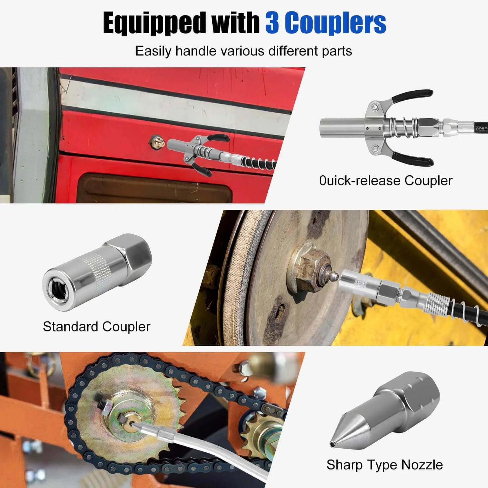 Heavy Duty Grease Gun Kit, 8000 PSI Pistol Grip Grease Gun couplers and nozzles for versatile use on machinery and vehicles
