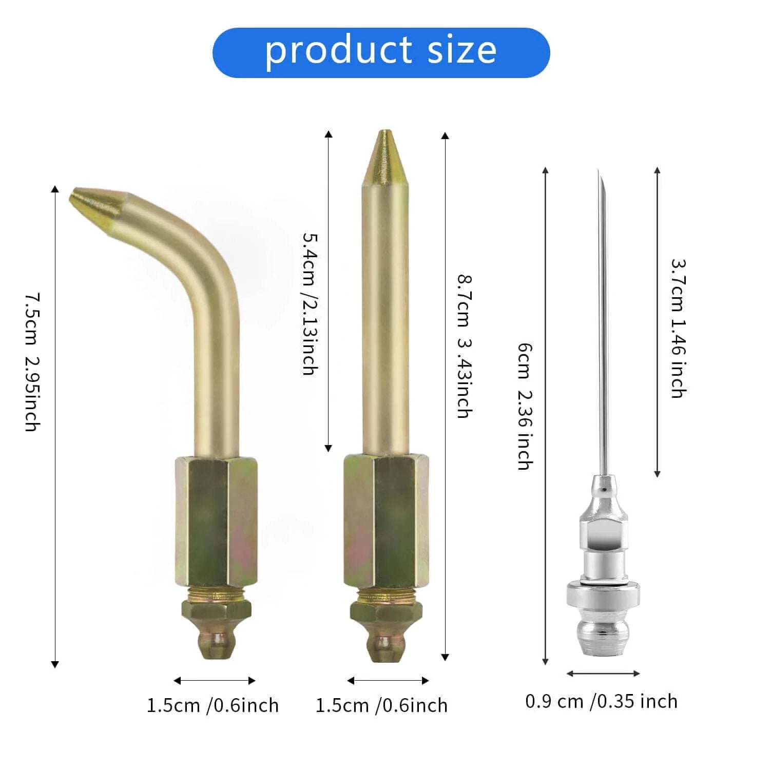 Grease Gun Needle Tip Kit - Bent & Straight Nozzles with size comparison, fits Rubber Boots, Ball Joints & Bushings for tight areas