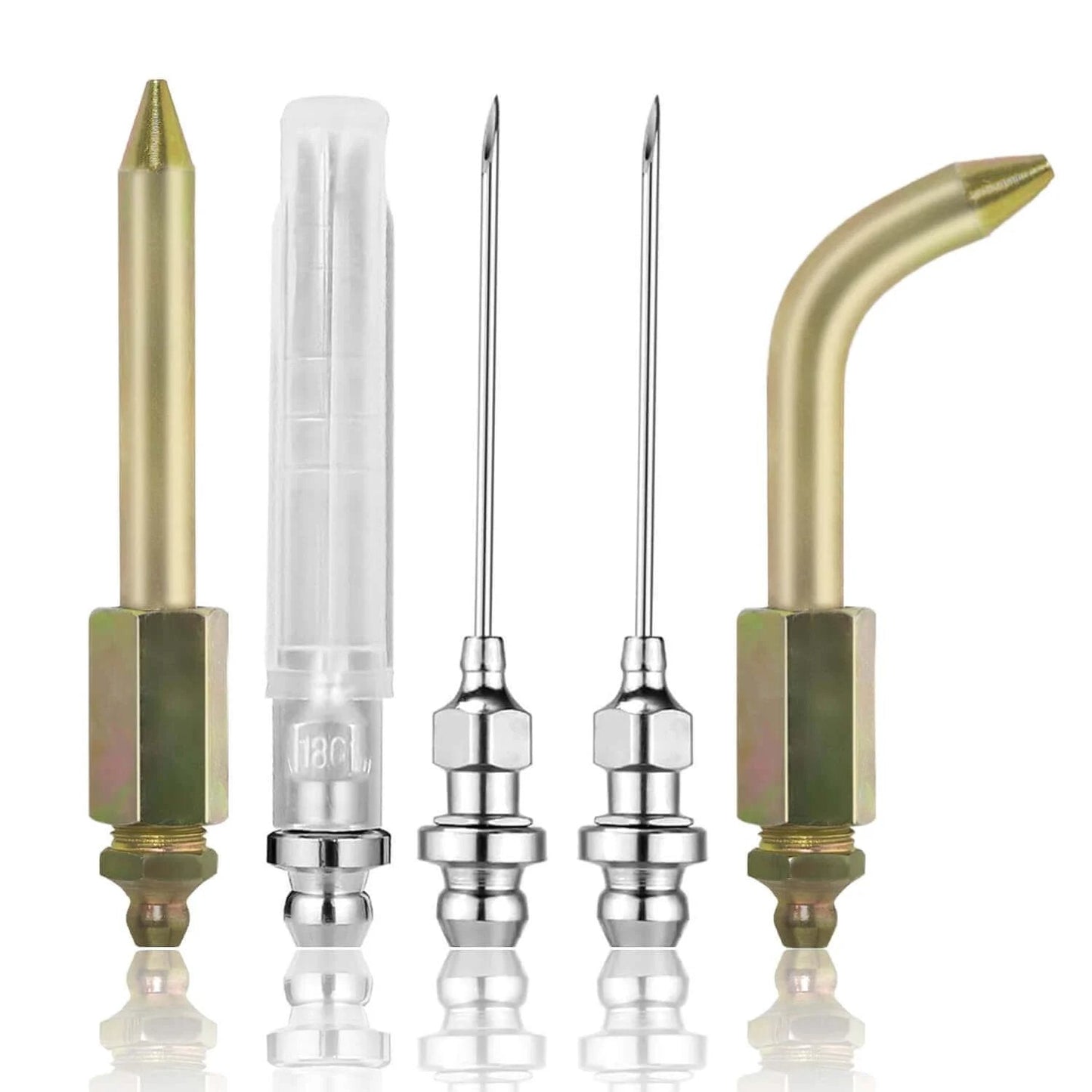 Grease Gun Needle Tip Kit - Bent & Straight Nozzles, injector adapter for rubber boots, ball joints, bushings, tight areas