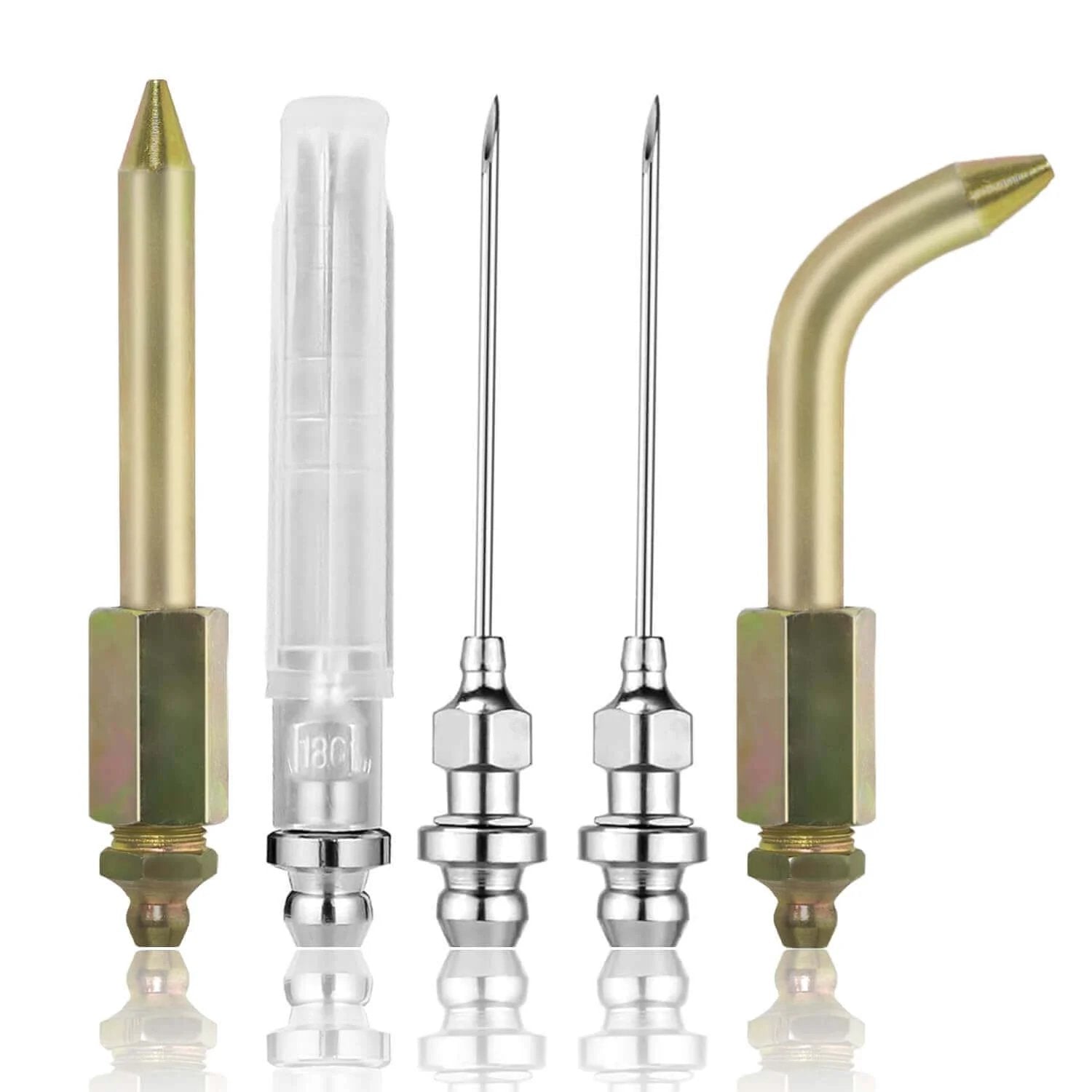 Grease Gun Needle Tip Kit - Bent & Straight Nozzles, injector adapter for rubber boots, ball joints, bushings, tight areas