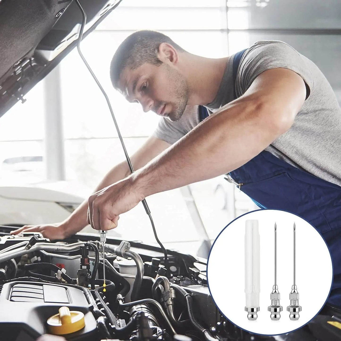 Mechanic using Three Pack 18G Grease Gun Needles For Easy Lubrication Of Machines And Bicycle Chains Carbon Steel Tips in car engine