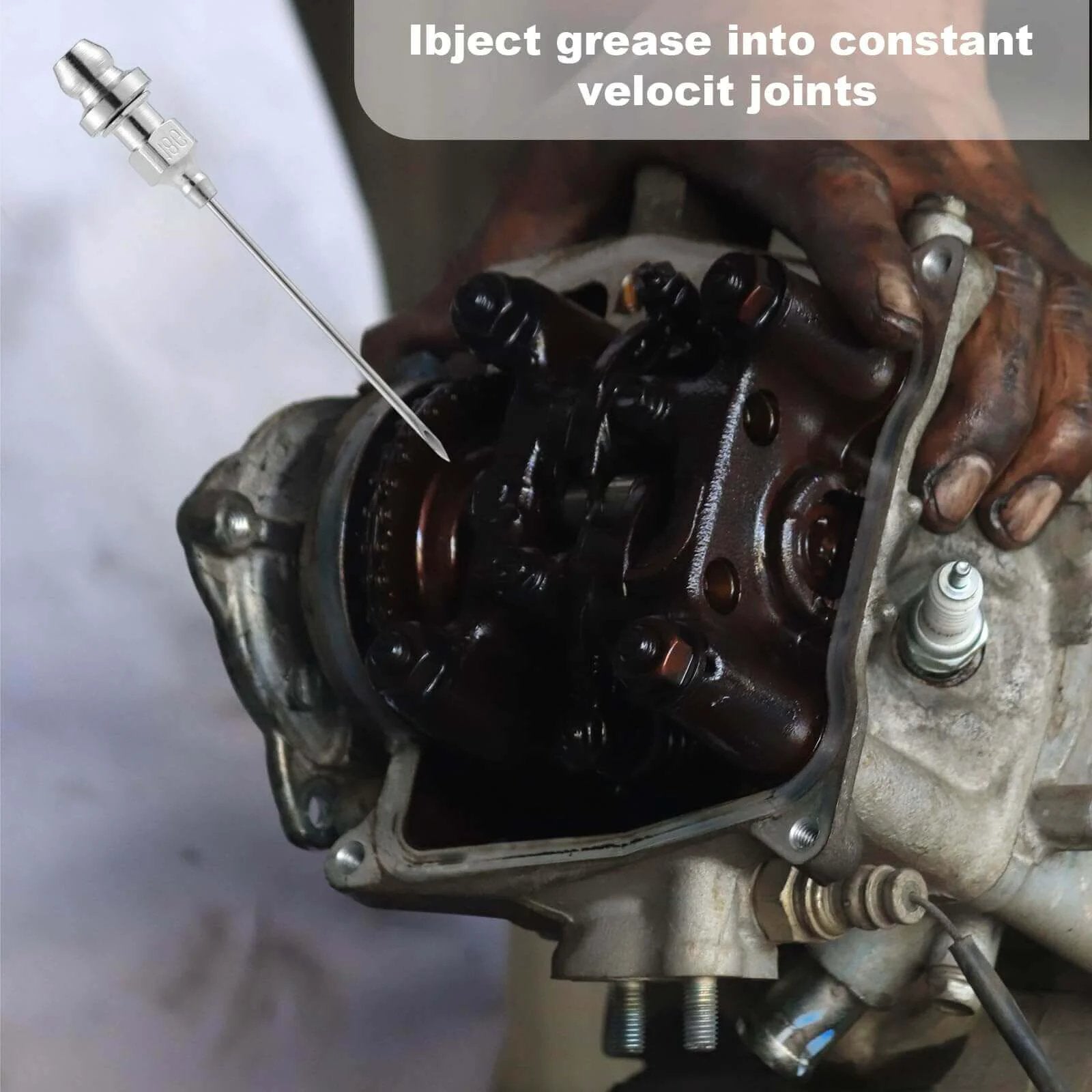 Mechanic using 5pcs Grease Injector Needle, Small Bearing Grease Needle Nozzle for lubricating ball joints.