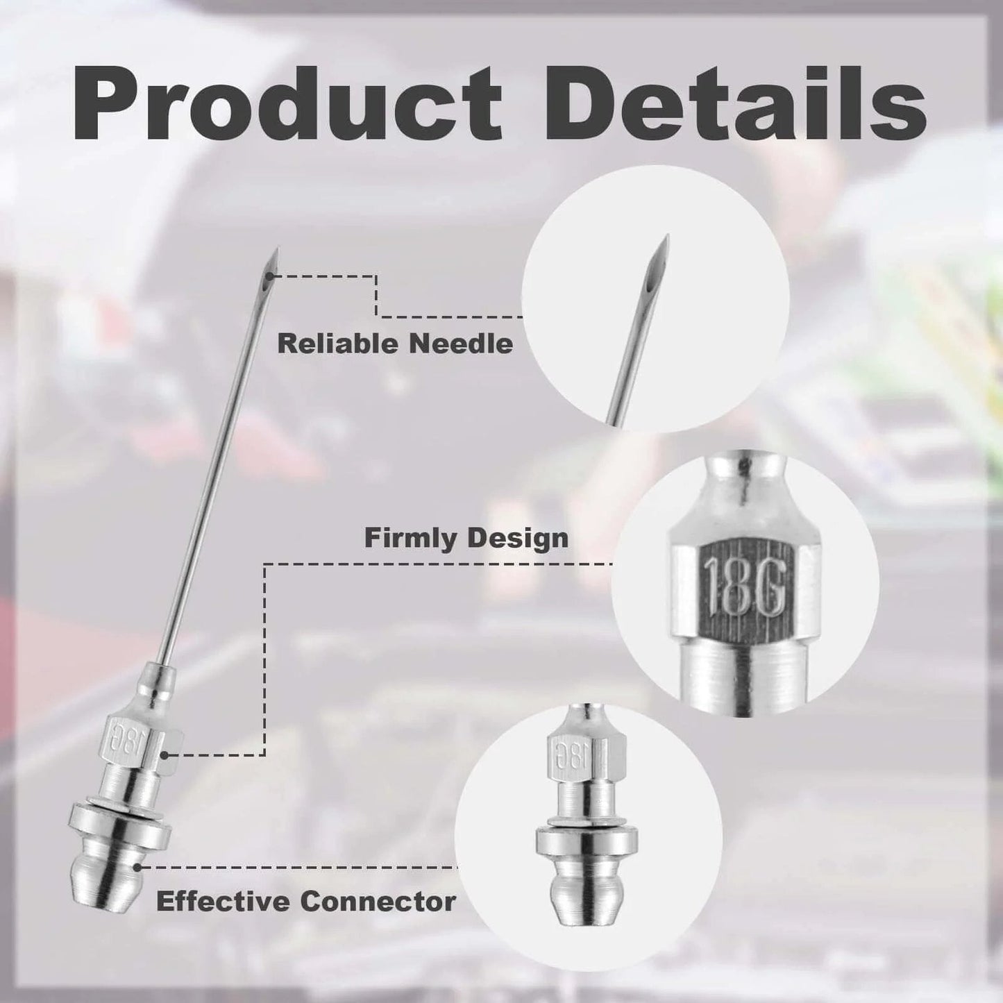 Diagram showing components of 5pcs Grease Injector Needle, Small Bearing Grease Needle Nozzle with emphasis on needle tip and connector.