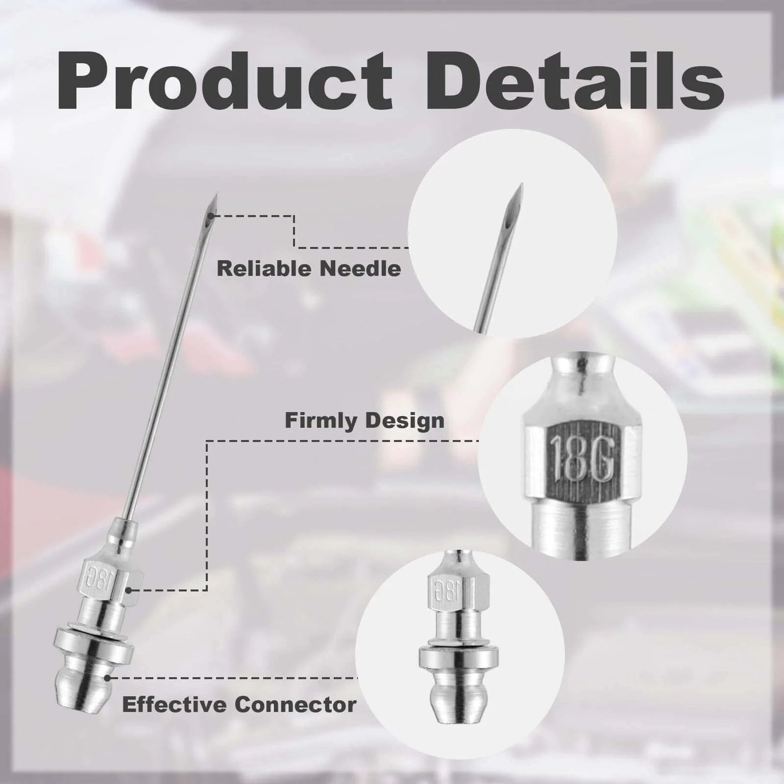 Diagram showing components of 5pcs Grease Injector Needle, Small Bearing Grease Needle Nozzle with emphasis on needle tip and connector.