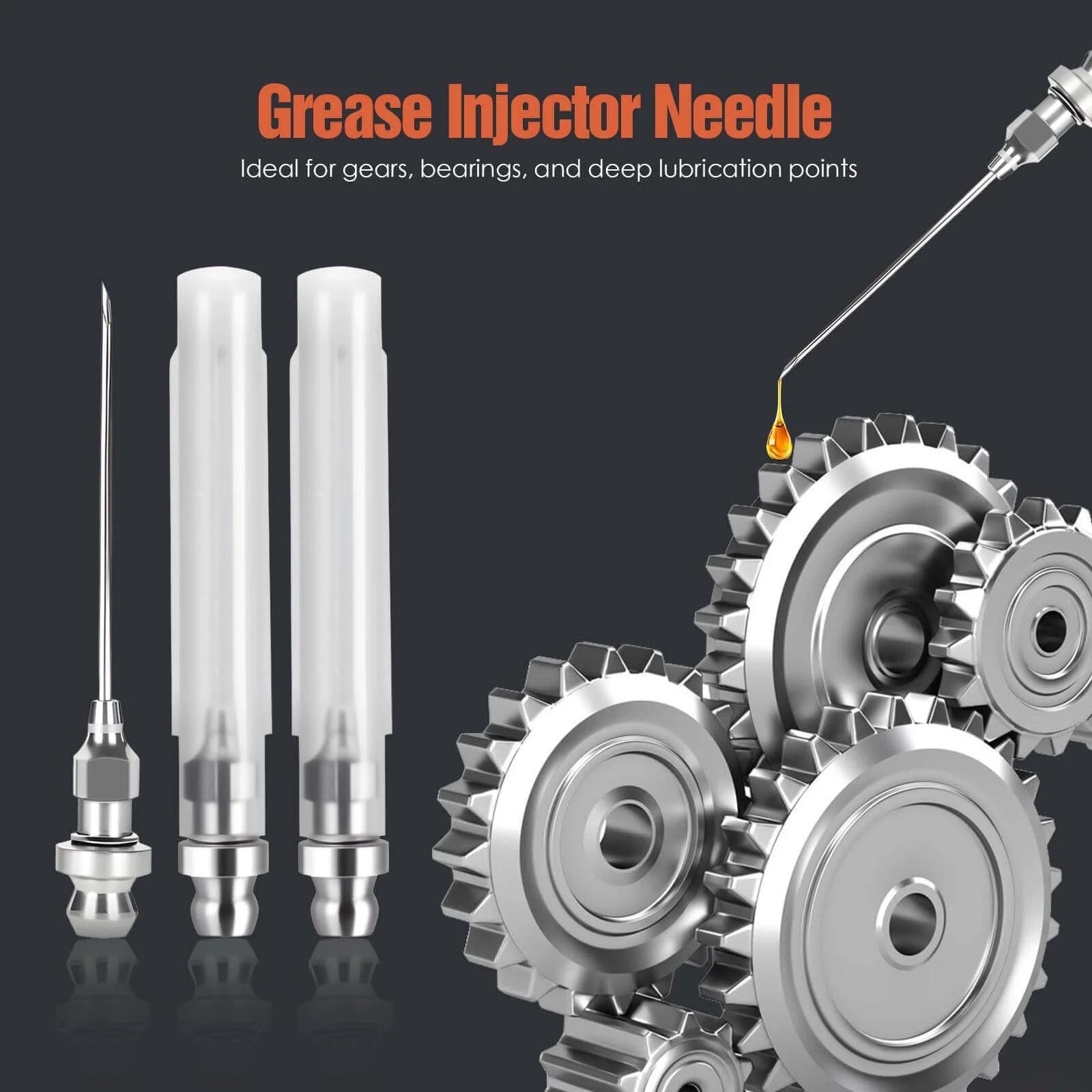 Grease Gun Needle Tip Kit – 7PCS Grease Gun Accessory Set with 3 Grease Injector, gears and lubrication components showing usage.